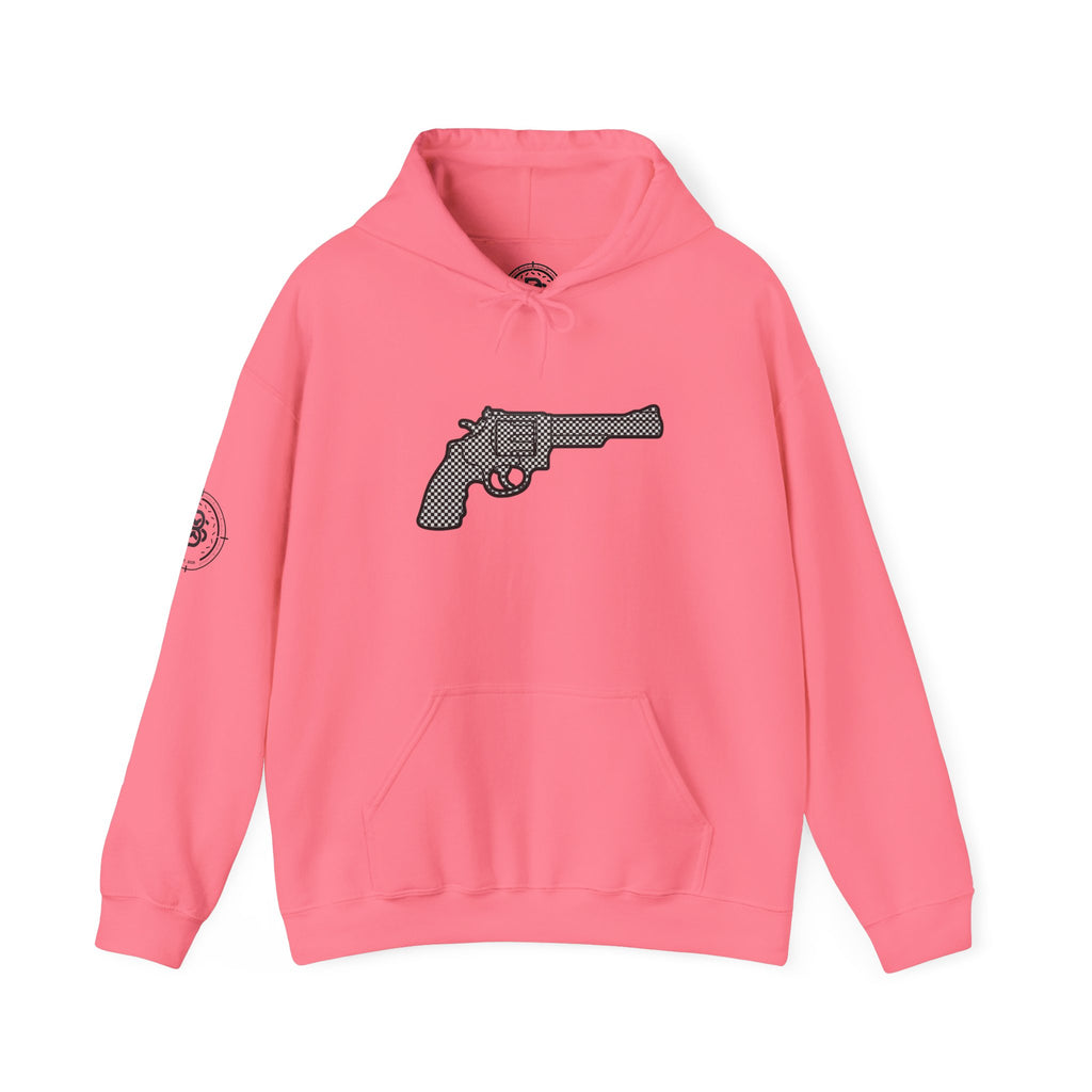 Checkered Revolver Hoodie — Retro Gun Graphic Pullover