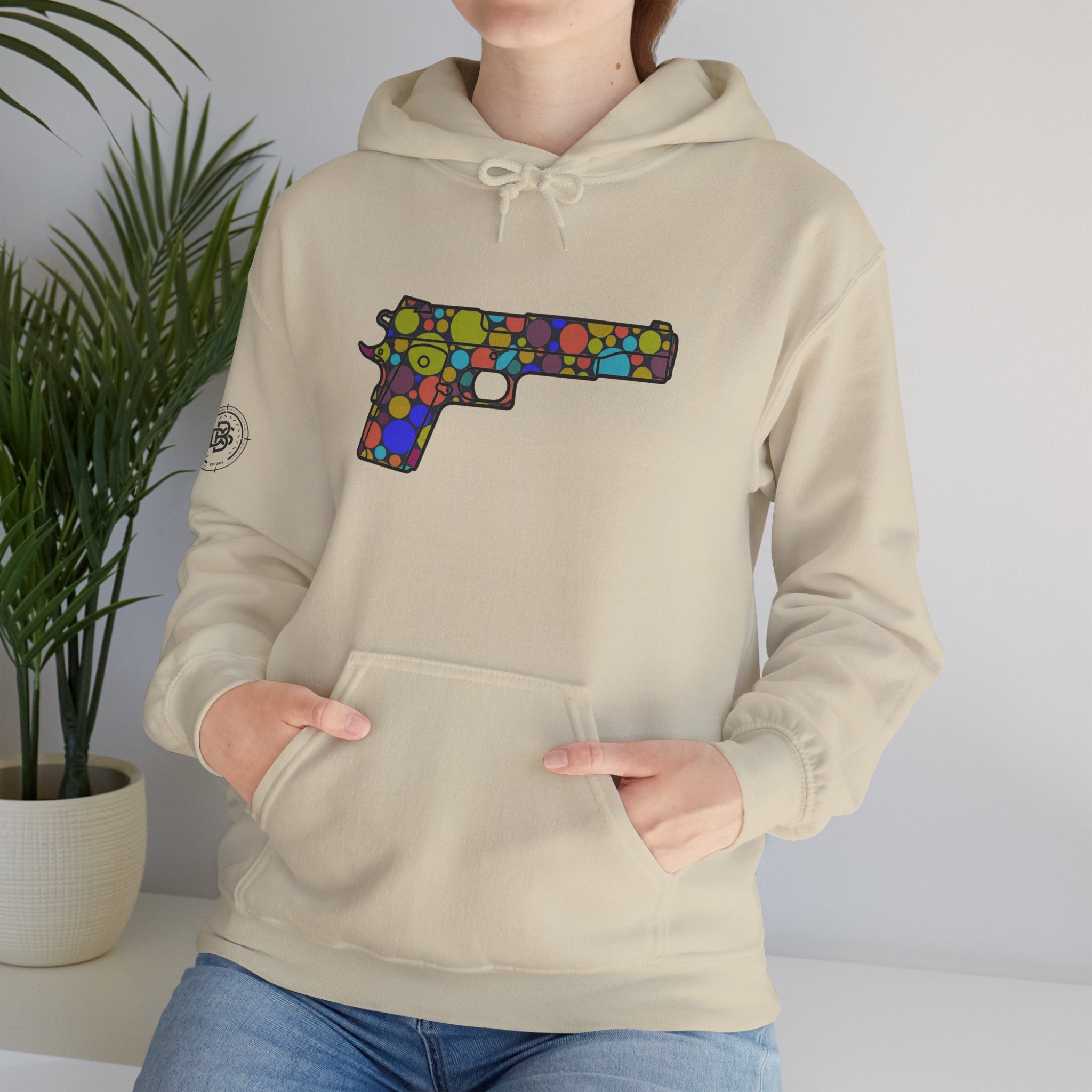 Dots Pistol Silhouette Hoodie — Colorful Mosaic Pistol Graphic Sweatshirt
