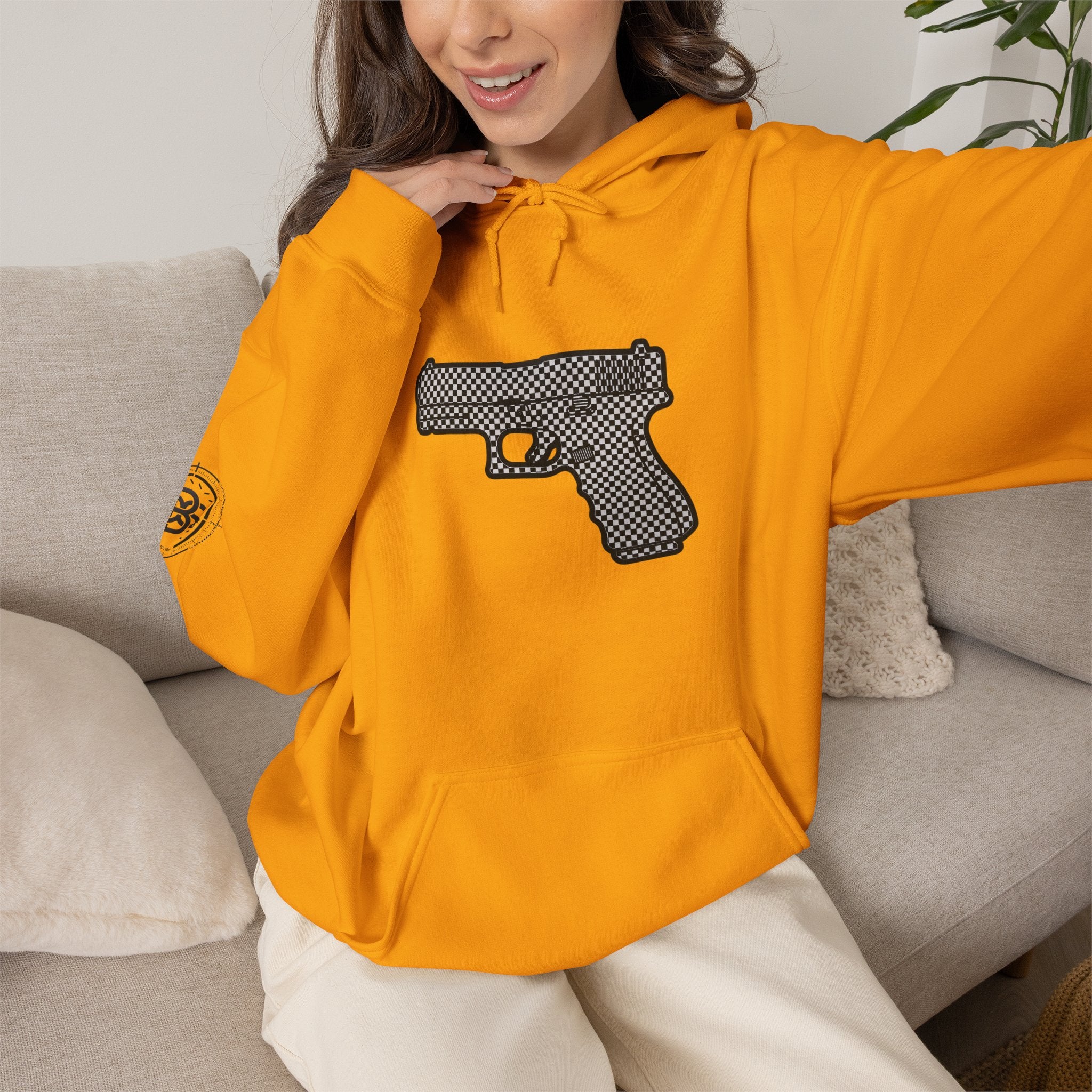Checker Pistol Silhouette Hoodie - Graphic Pistol Pullover