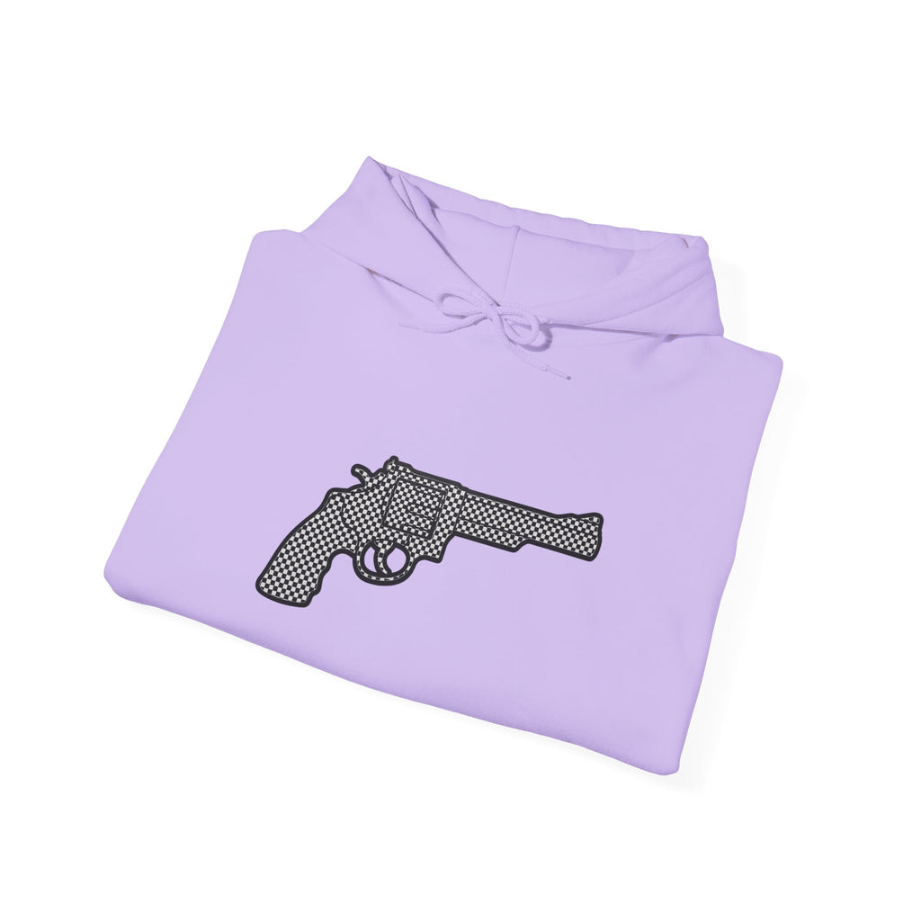 Checkered Revolver Hoodie — Retro Gun Graphic Pullover