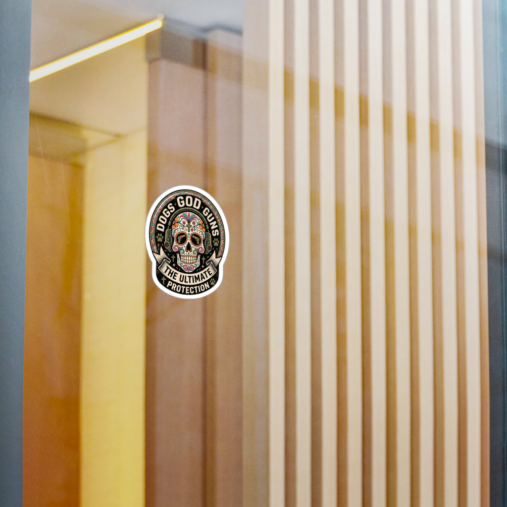 Dogs God Guns: The Ultimate Protection' Sugar Skull Sticker-Kiss-Cut Vinyl Decal
