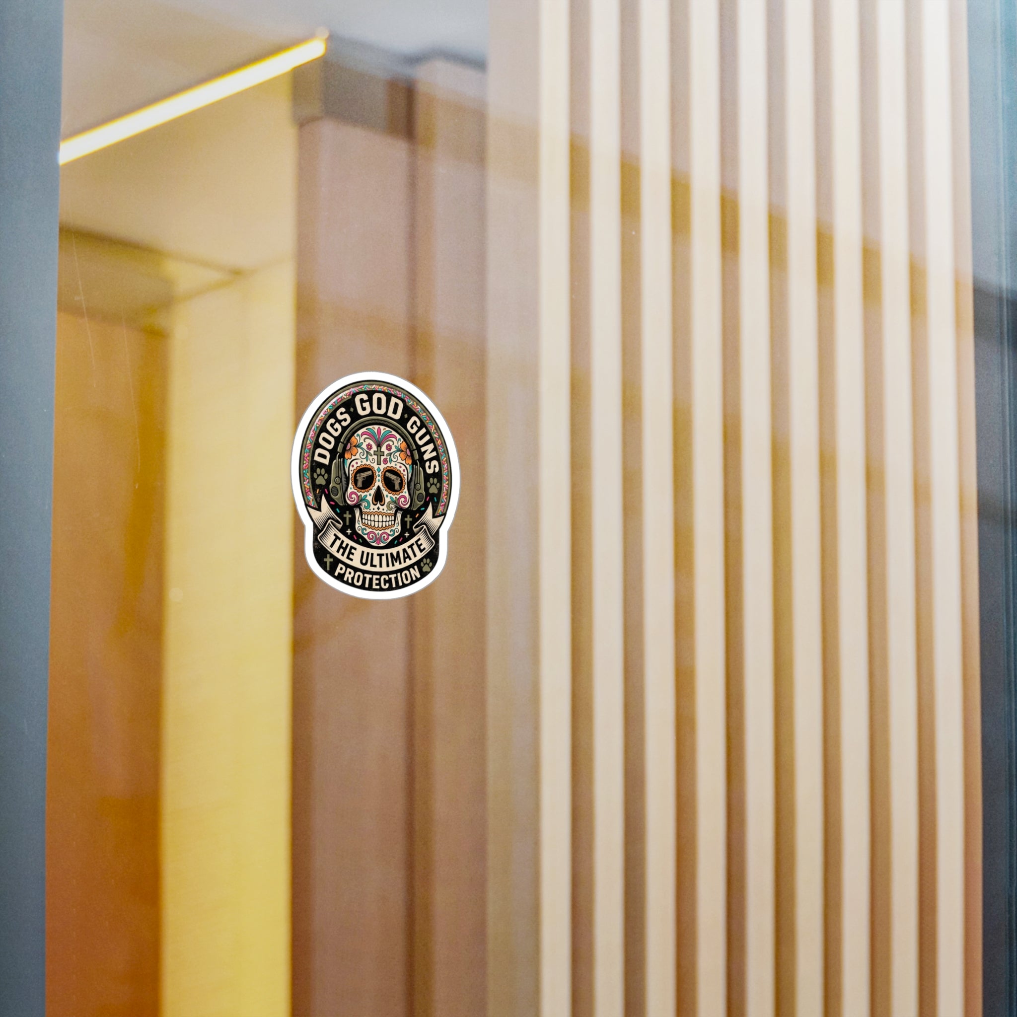 Dogs God Guns: The Ultimate Protection' Sugar Skull Sticker-Kiss-Cut Vinyl Decal