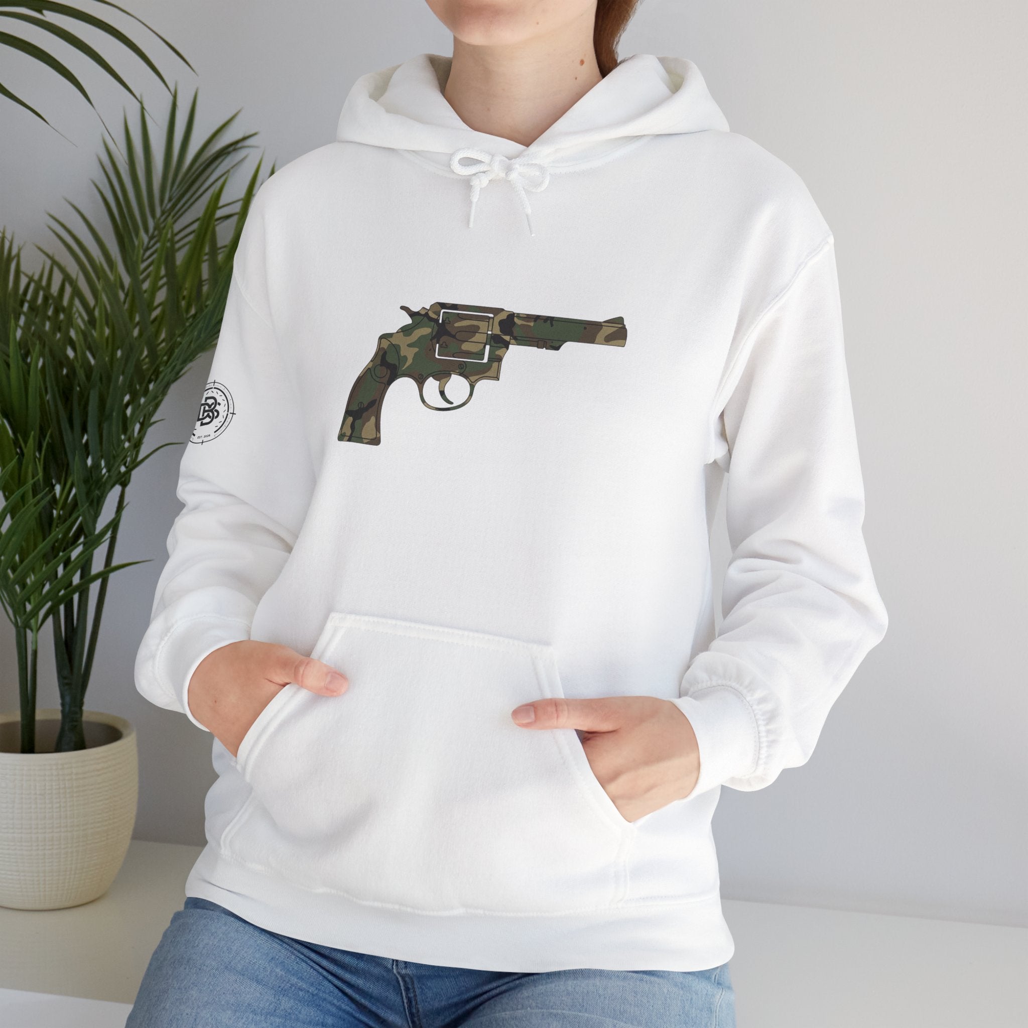 Revolver Graphic Hoodie - Vintage Camouflage Pistol Illustration