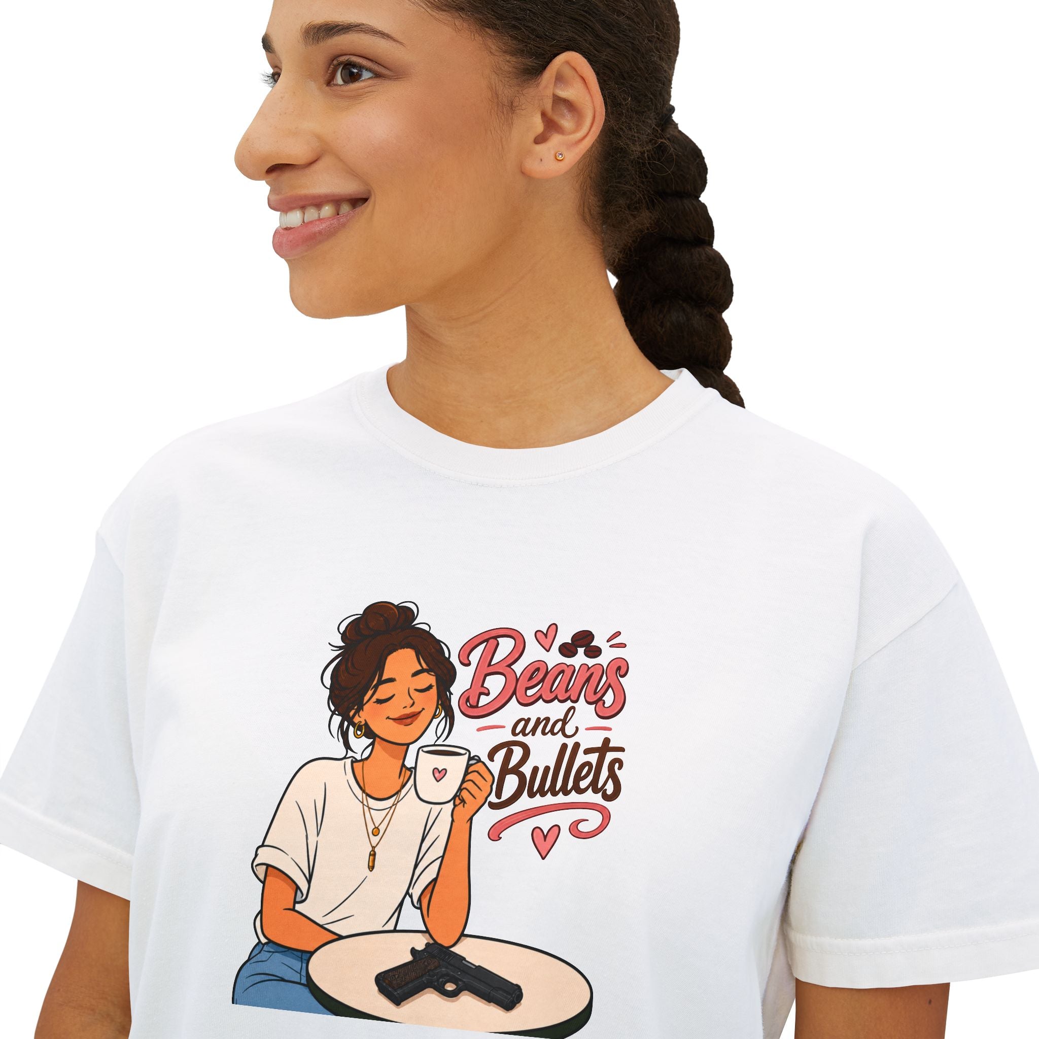 Beans and Bullets Women's Boxy Tee – Coffee Lover Graphic Crop Tee