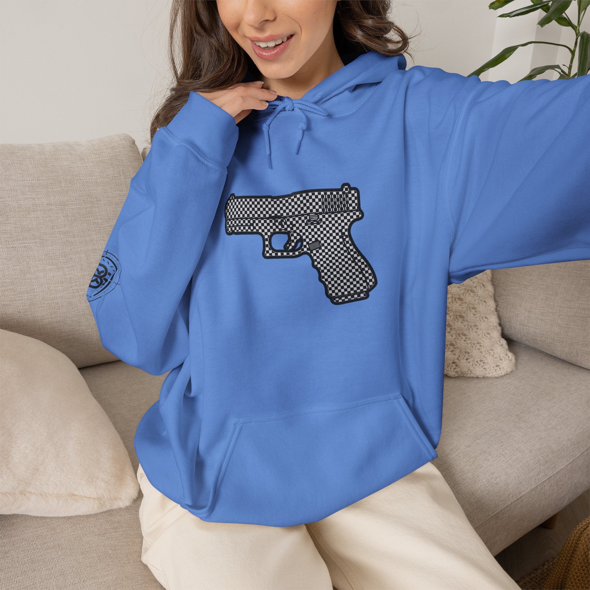 Checker Pistol Silhouette Hoodie - Graphic Pistol Pullover