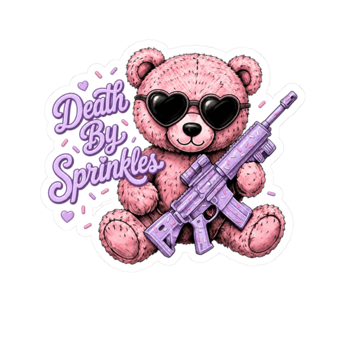 Death By Sprinkles Teddy Sticker — Cute Pink Bear with Sunglasses & Lavender Rifle