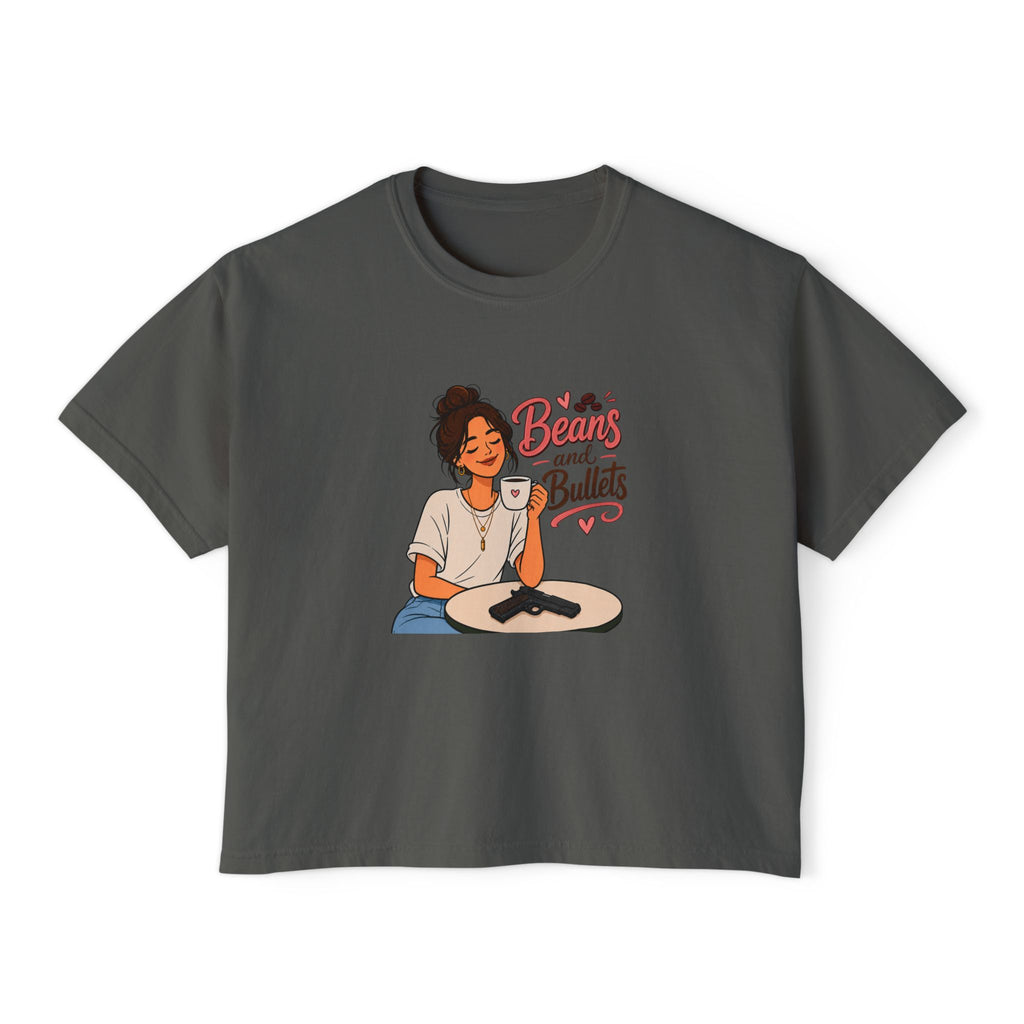 Beans and Bullets Women's Boxy Tee – Coffee Lover Graphic Crop Tee
