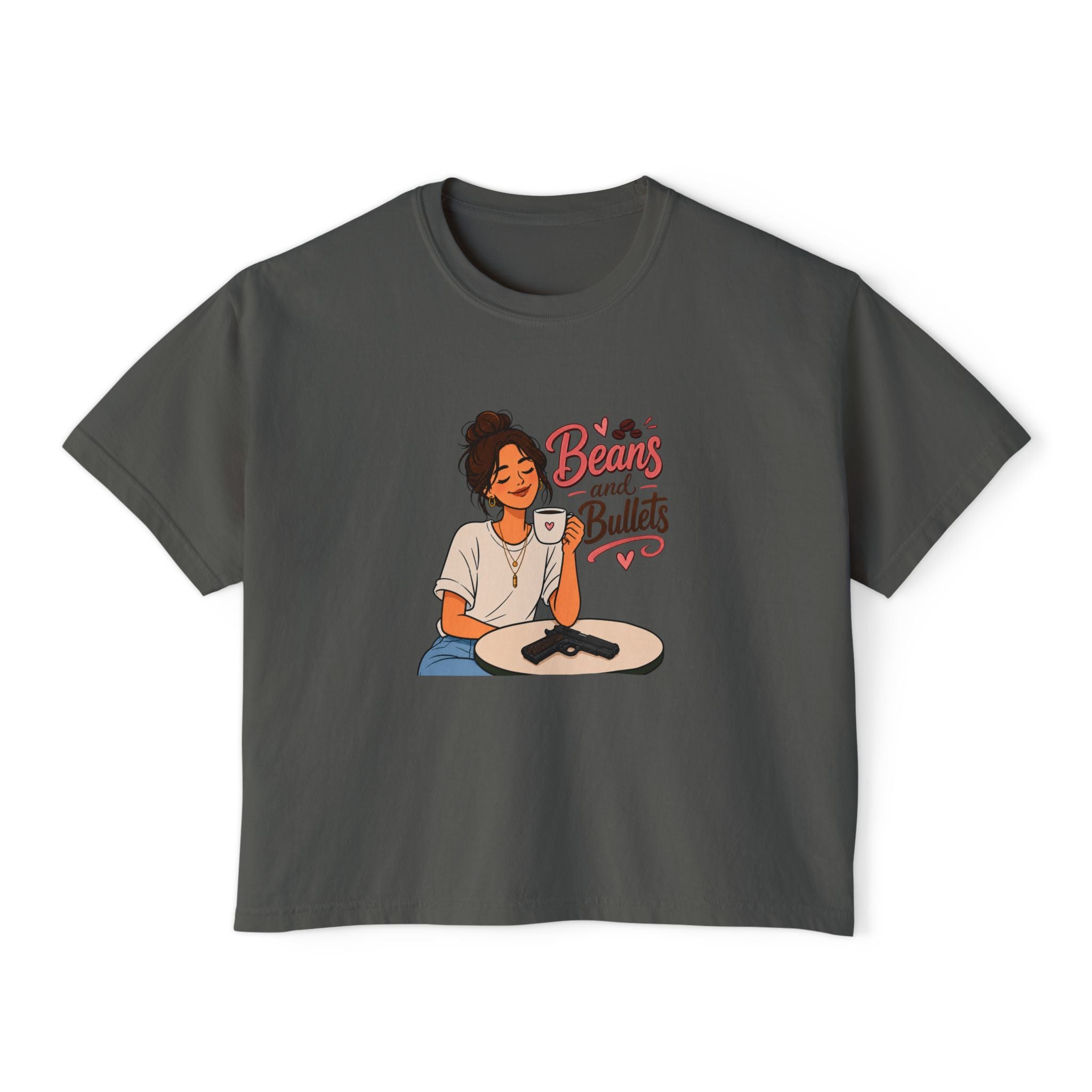 Beans and Bullets Women's Boxy Tee – Coffee Lover Graphic Crop Tee