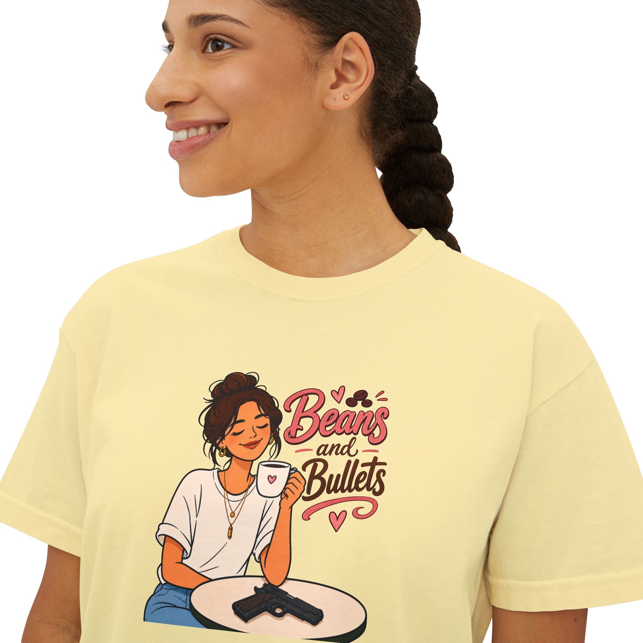 Beans and Bullets Women's Boxy Tee – Coffee Lover Graphic Crop Tee