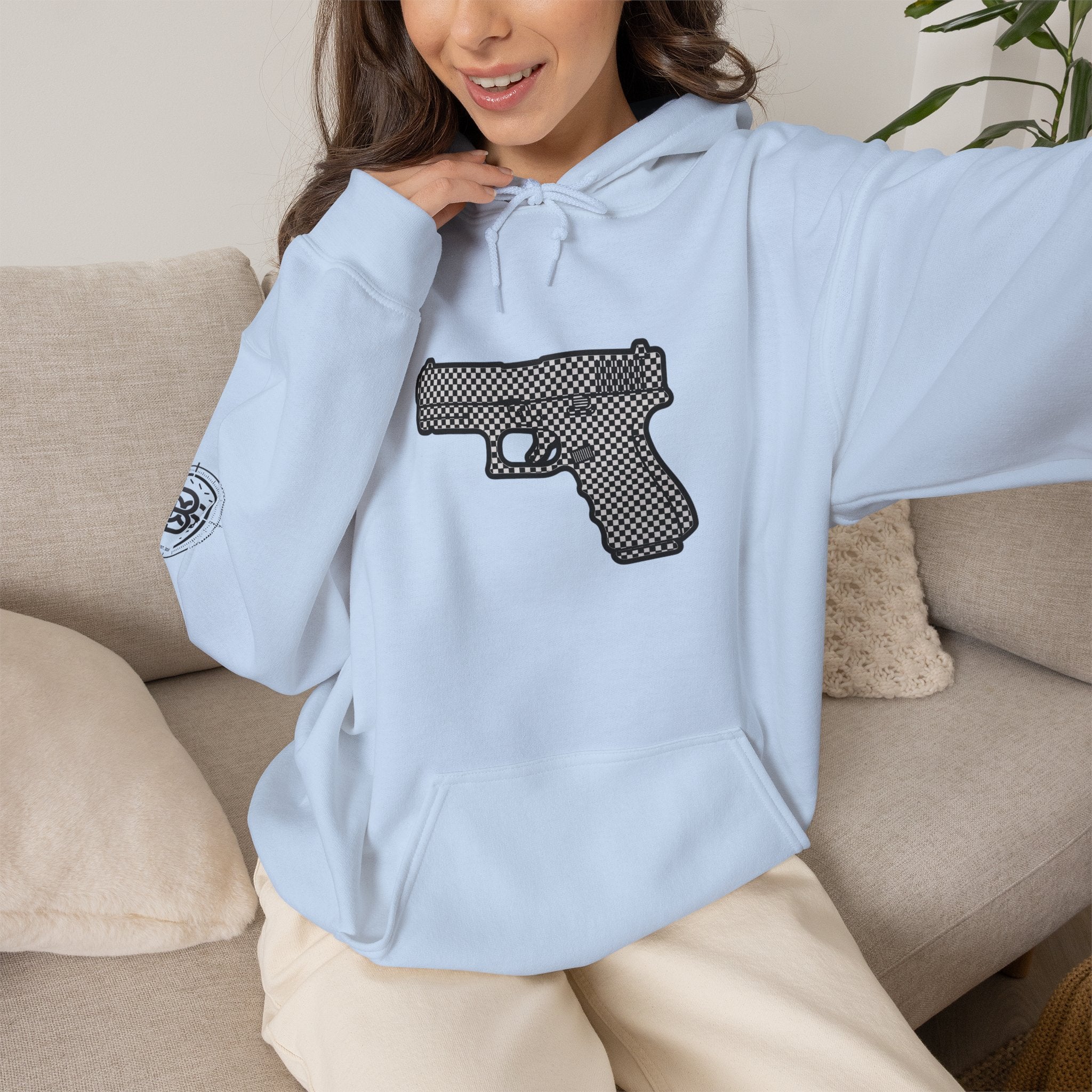 Checker Pistol Silhouette Hoodie - Graphic Pistol Pullover