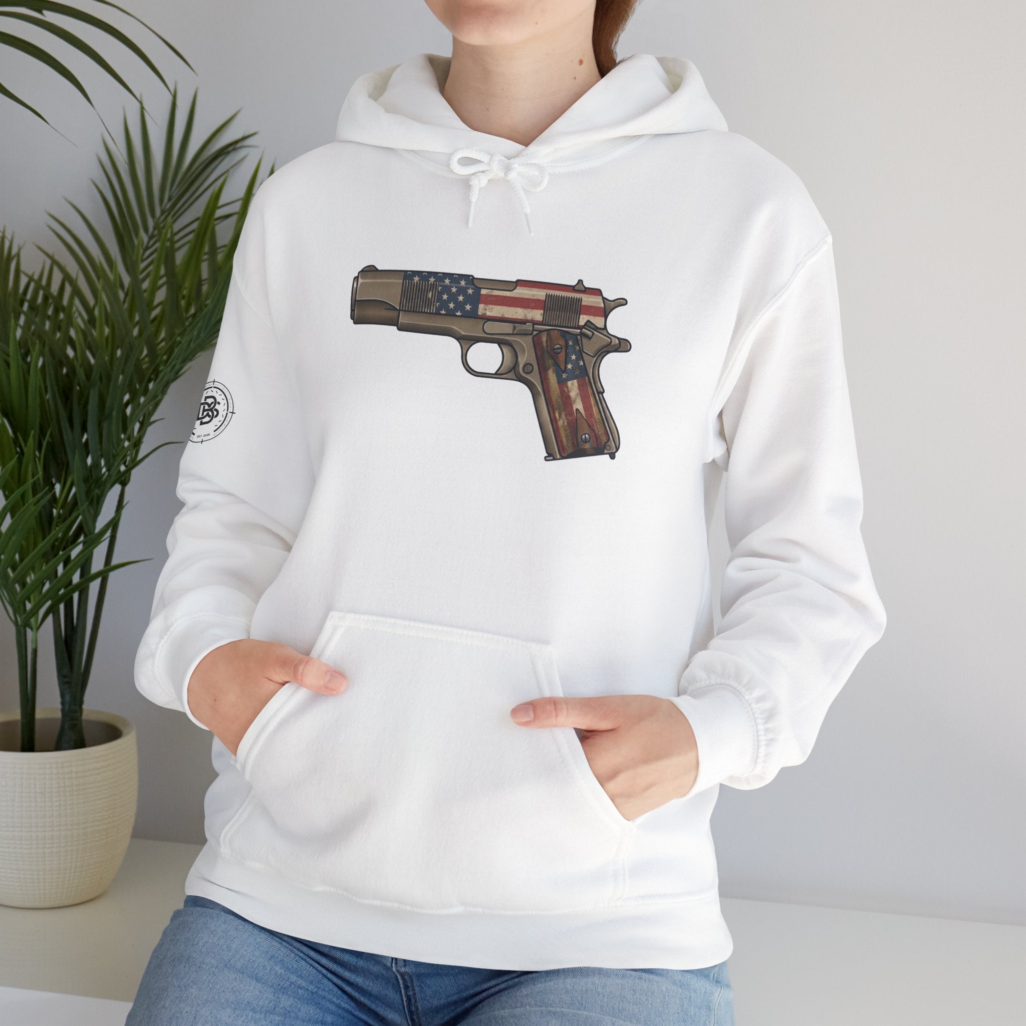 United States Flag Pistol Graphic Hoodie — Patriotic Firearm Graphic Sweatshirt