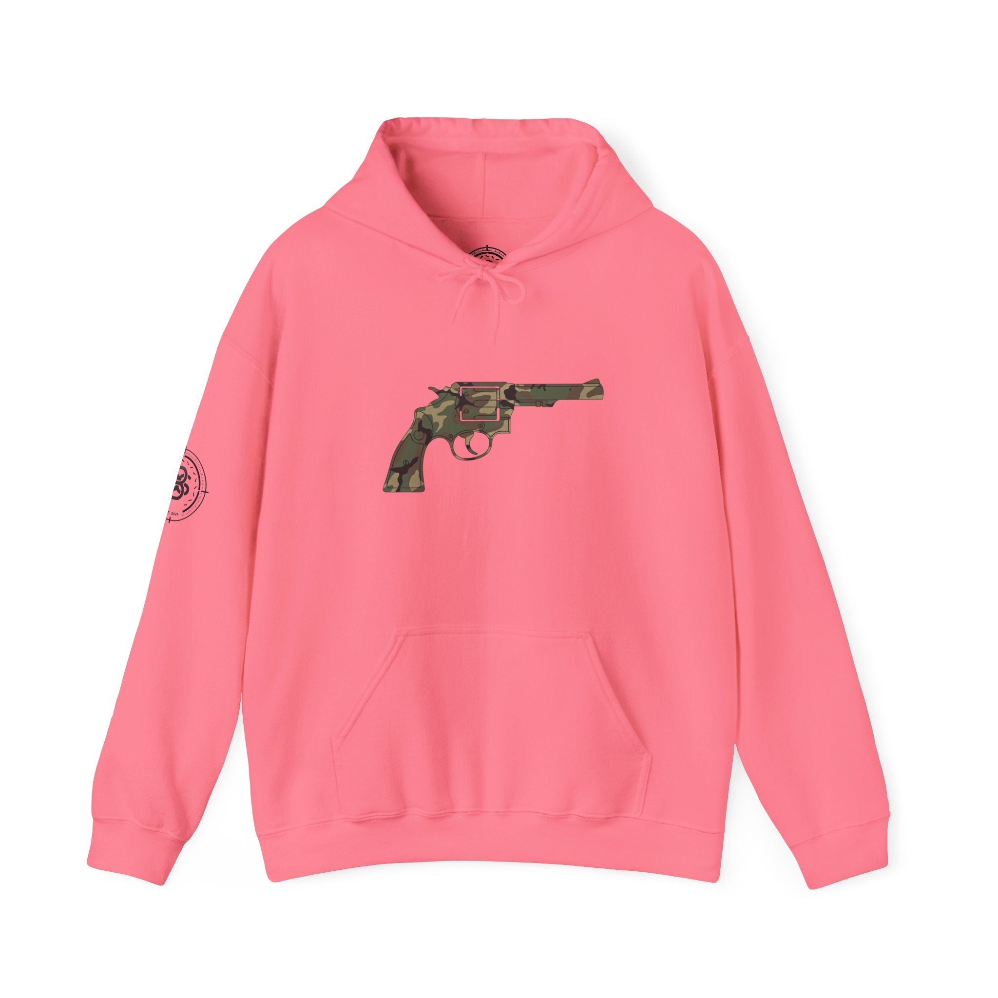 Revolver Graphic Hoodie - Vintage Camouflage Pistol Illustration