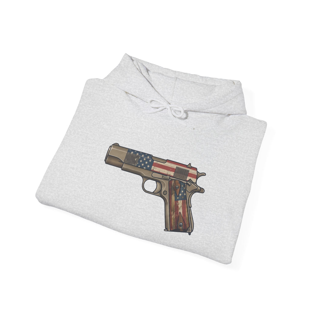 United States Flag Pistol Graphic Hoodie — Patriotic Firearm Graphic Sweatshirt