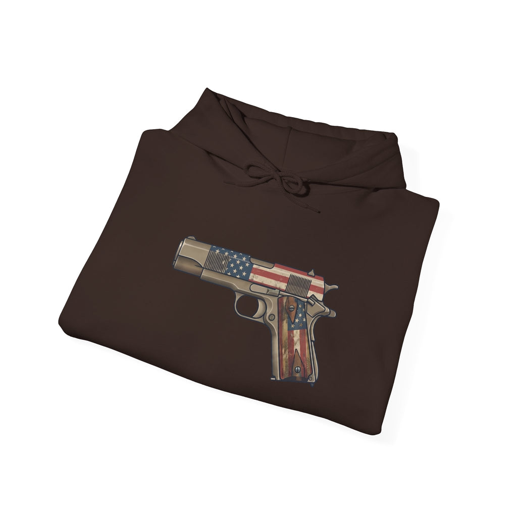 United States Flag Pistol Graphic Hoodie — Patriotic Firearm Graphic Sweatshirt