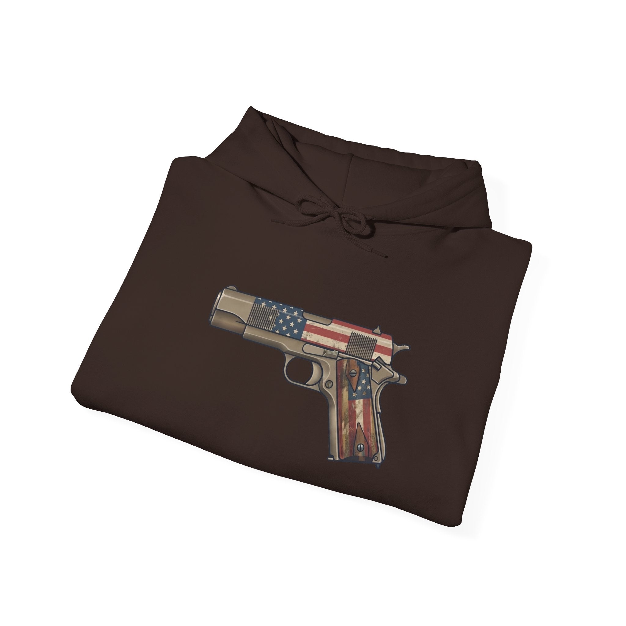 United States Flag Pistol Graphic Hoodie — Patriotic Firearm Graphic Sweatshirt