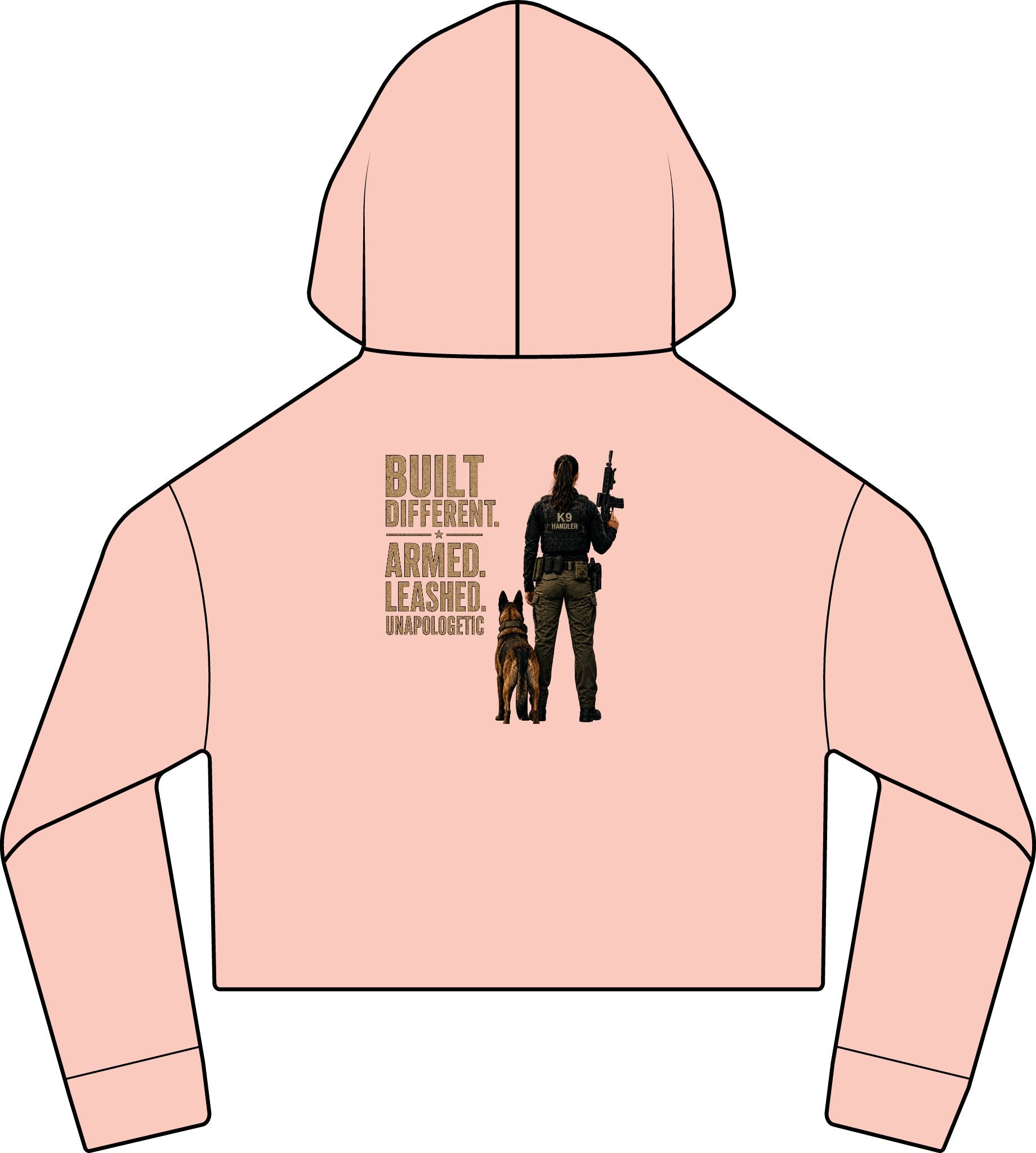 'Built Different. Armed. Leashed.' Female K9 Handler-Cropped Hoodie