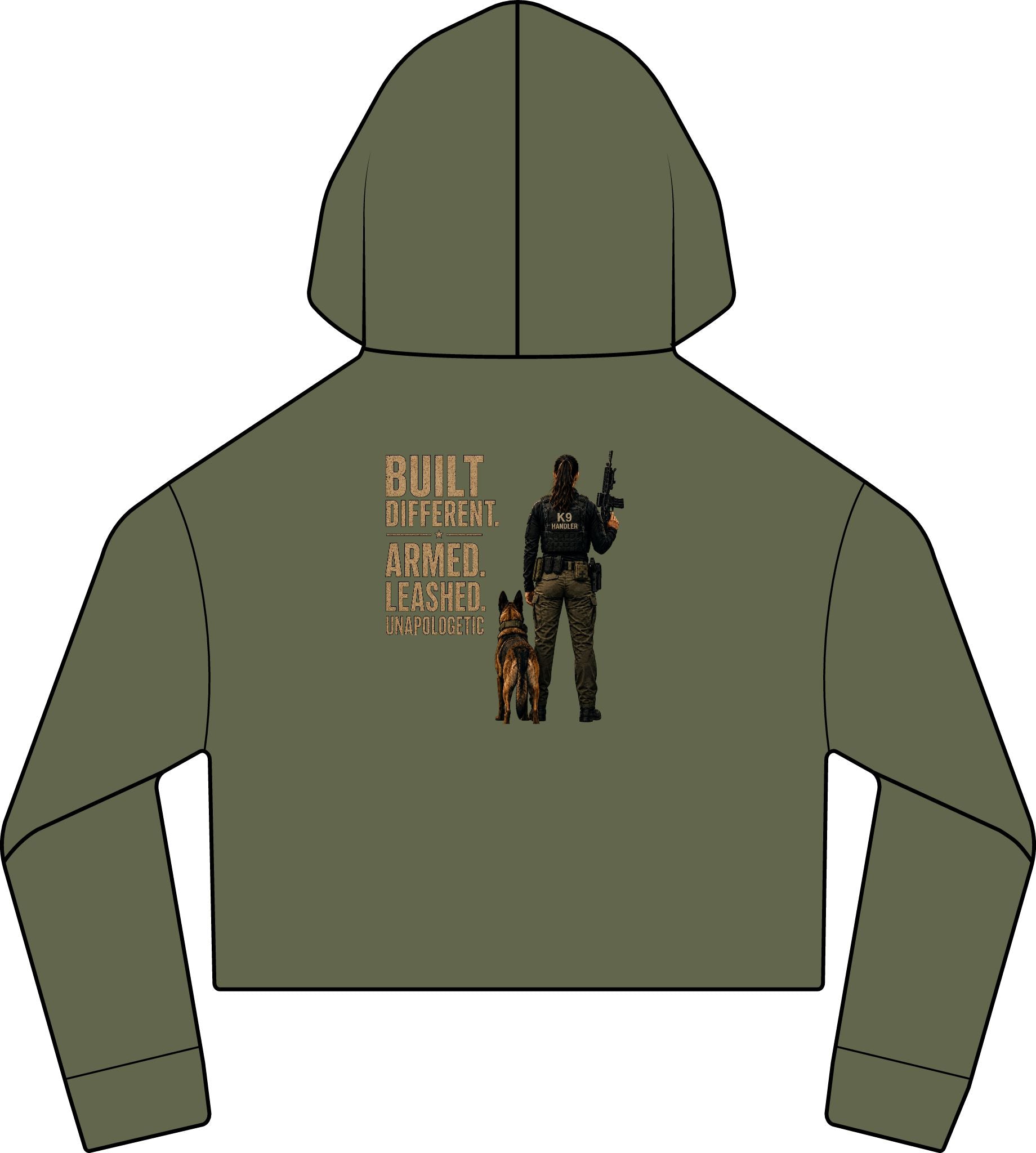'Built Different. Armed. Leashed.' Female K9 Handler-Cropped Hoodie