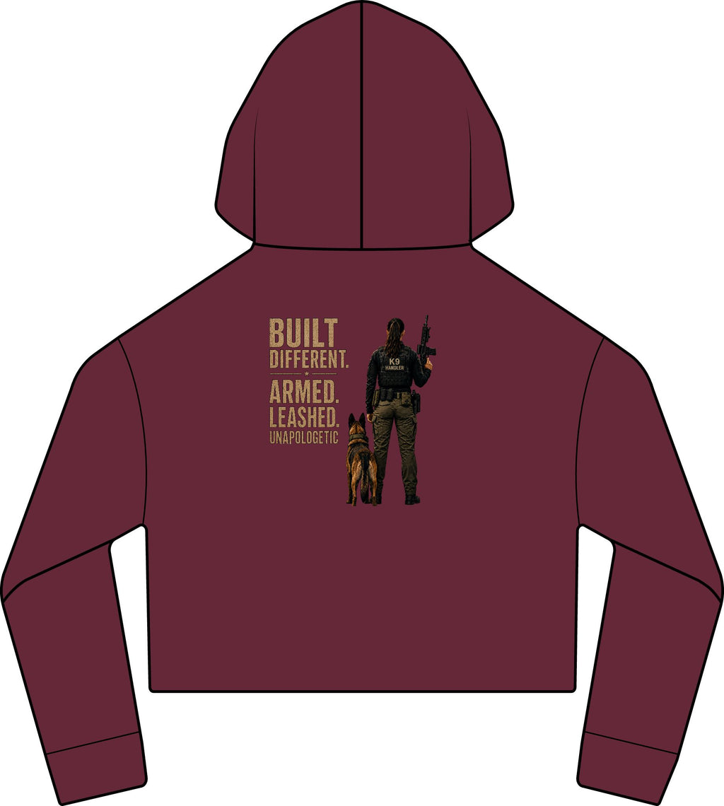 'Built Different. Armed. Leashed.' Female K9 Handler-Cropped Hoodie