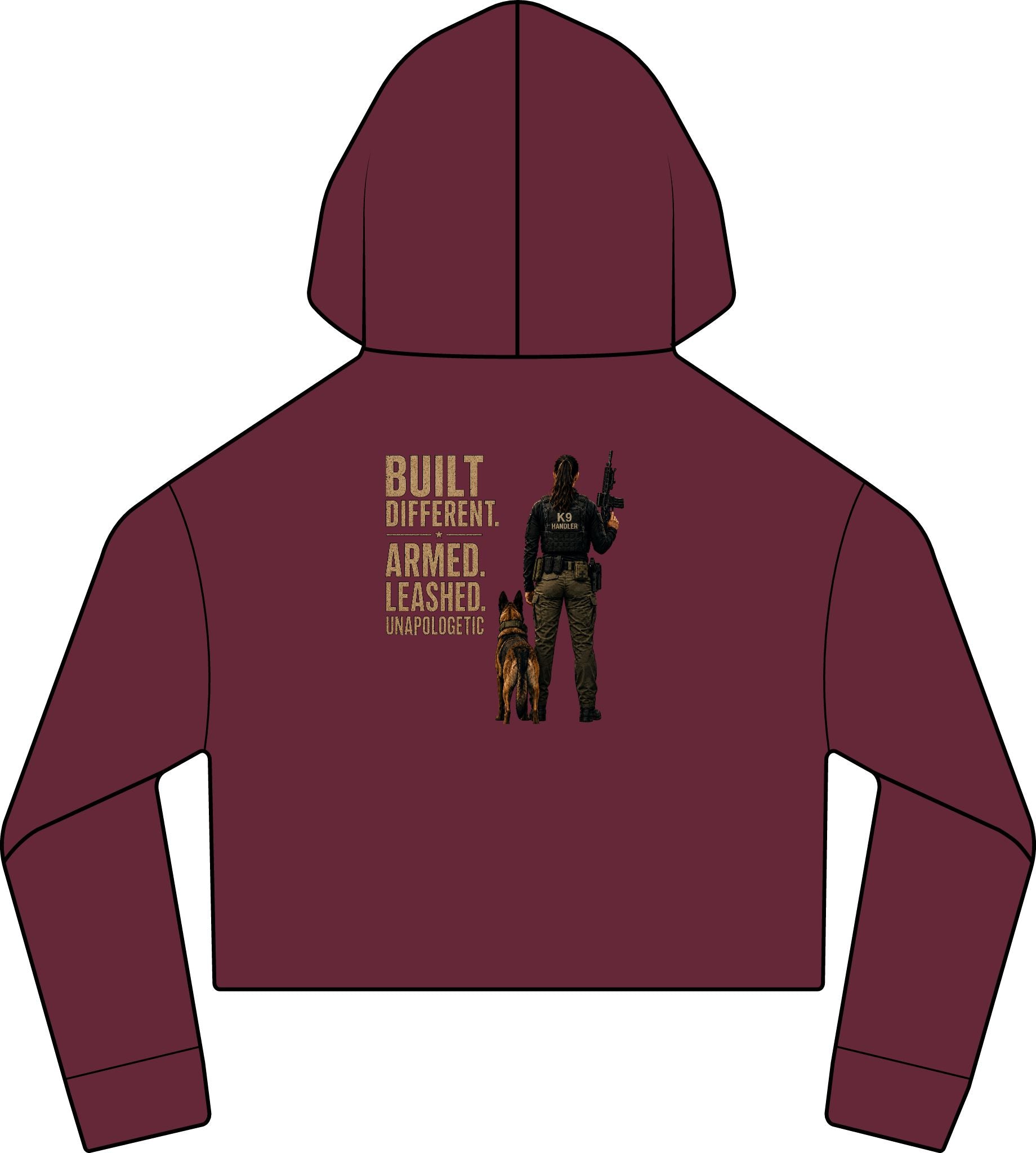 'Built Different. Armed. Leashed.' Female K9 Handler-Cropped Hoodie