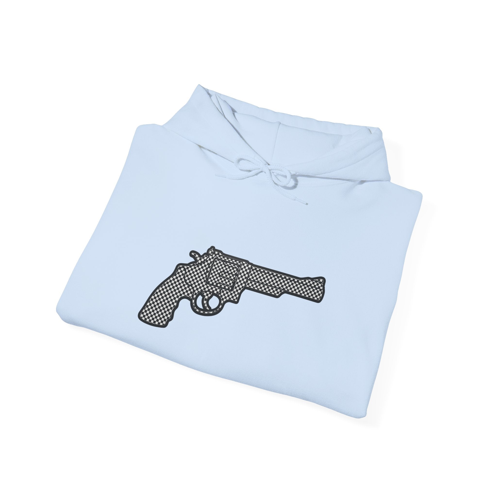 Checkered Revolver Hoodie — Retro Gun Graphic Pullover