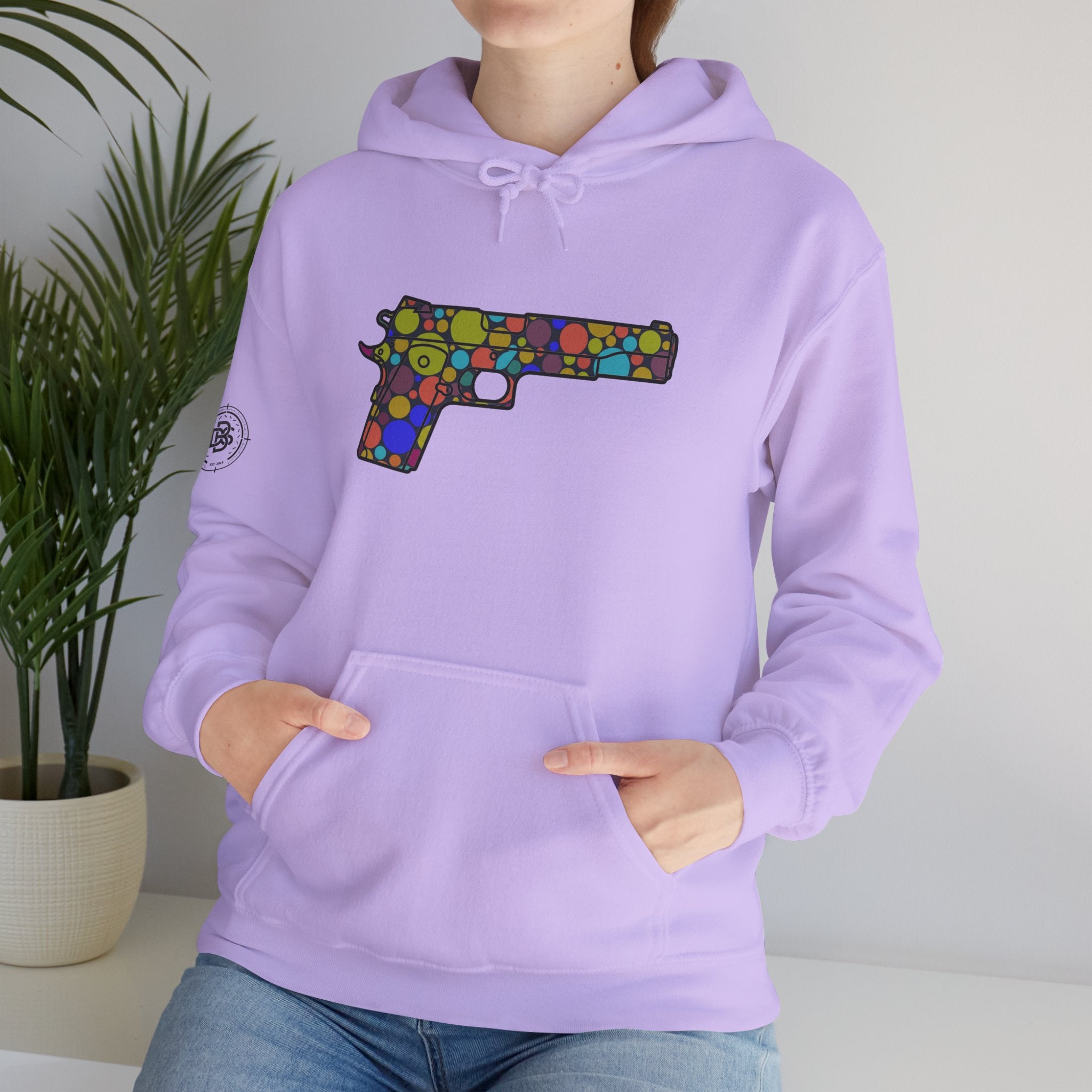 Dots Pistol Silhouette Hoodie — Colorful Mosaic Pistol Graphic Sweatshirt