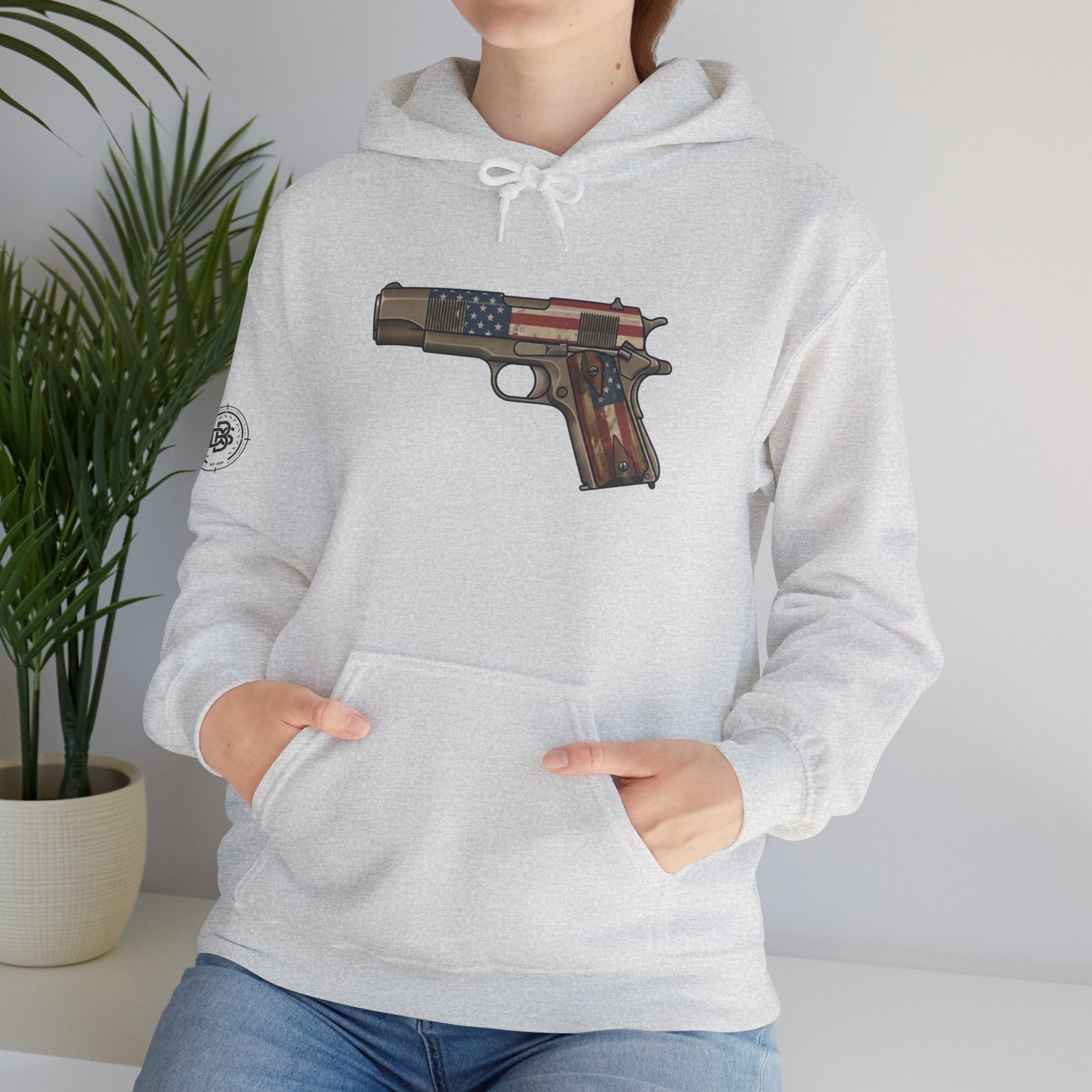 United States Flag Pistol Graphic Hoodie — Patriotic Firearm Graphic Sweatshirt