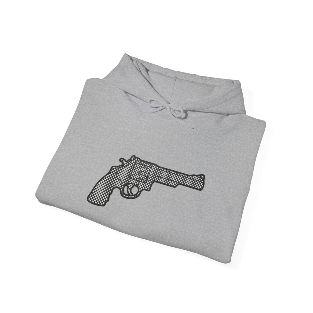 Checkered Revolver Hoodie — Retro Gun Graphic Pullover