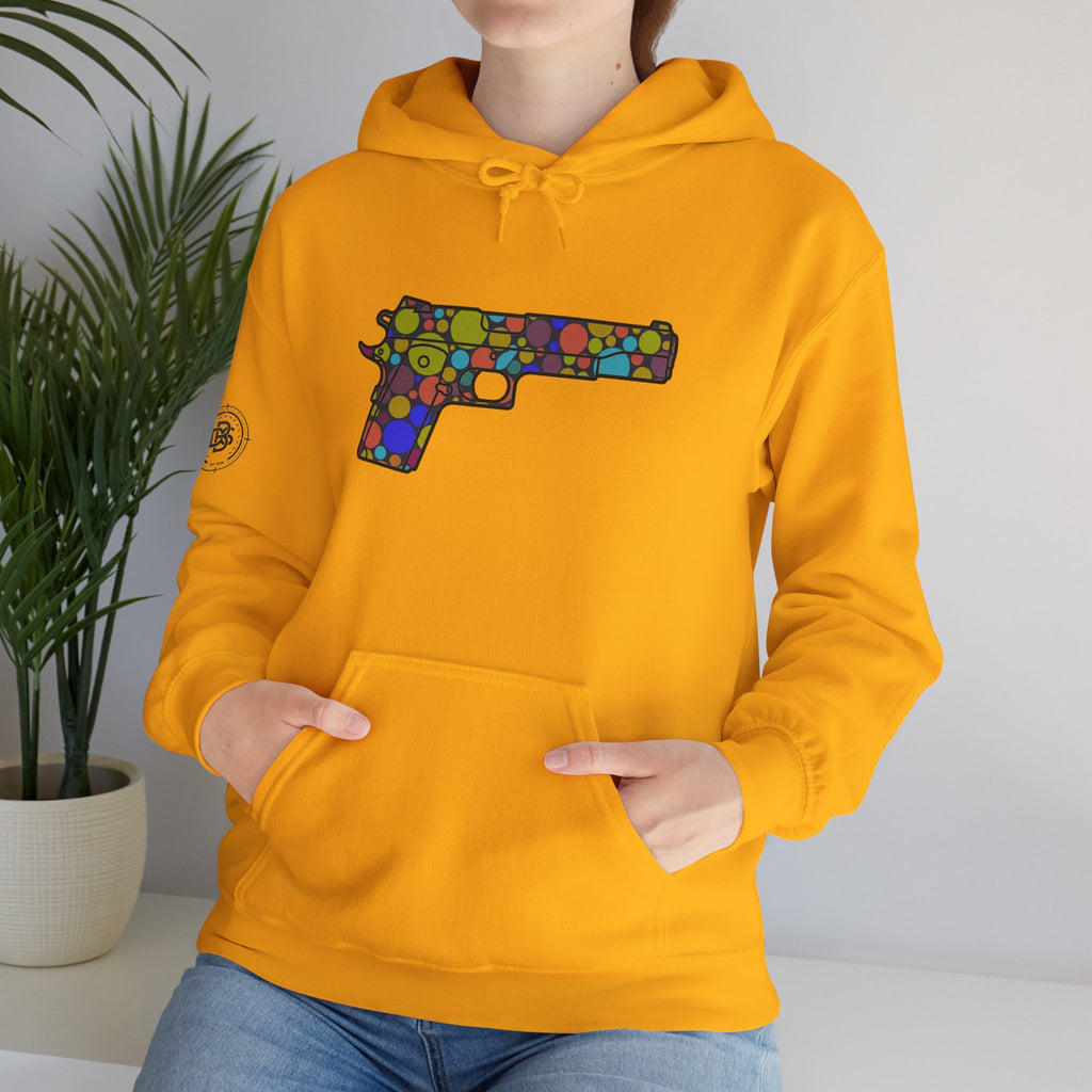Dots Pistol Silhouette Hoodie — Colorful Mosaic Pistol Graphic Sweatshirt