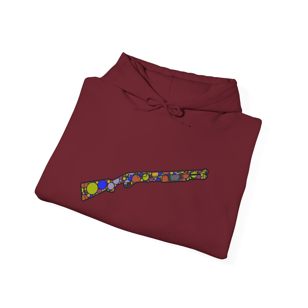 Shotgun Dot Silhouette Hoodie — Colorful Retro Hunting Sweatshirt