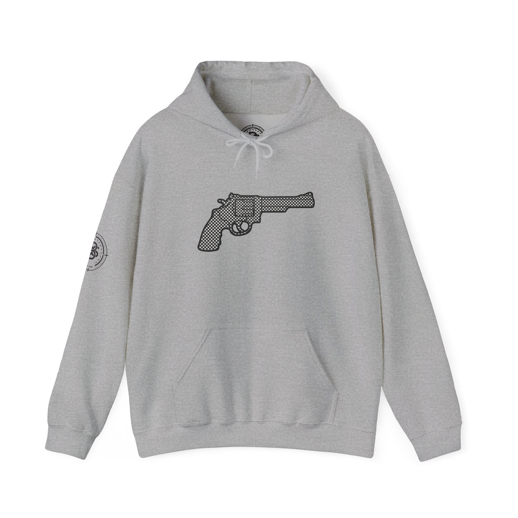 Checkered Revolver Hoodie — Retro Gun Graphic Pullover