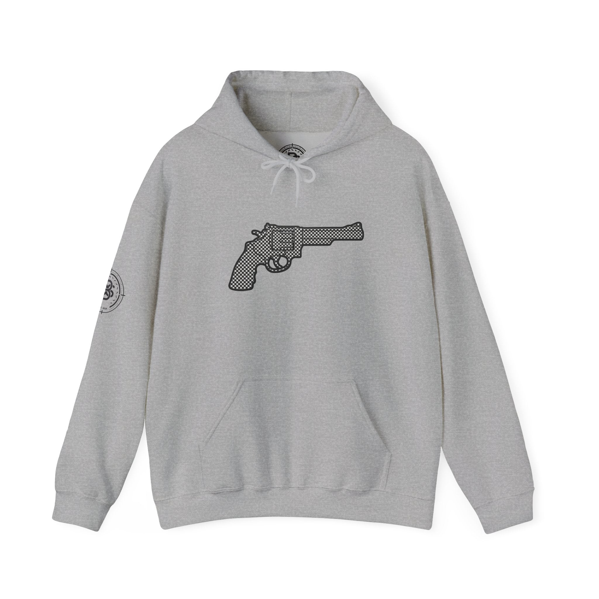 Checkered Revolver Hoodie — Retro Gun Graphic Pullover