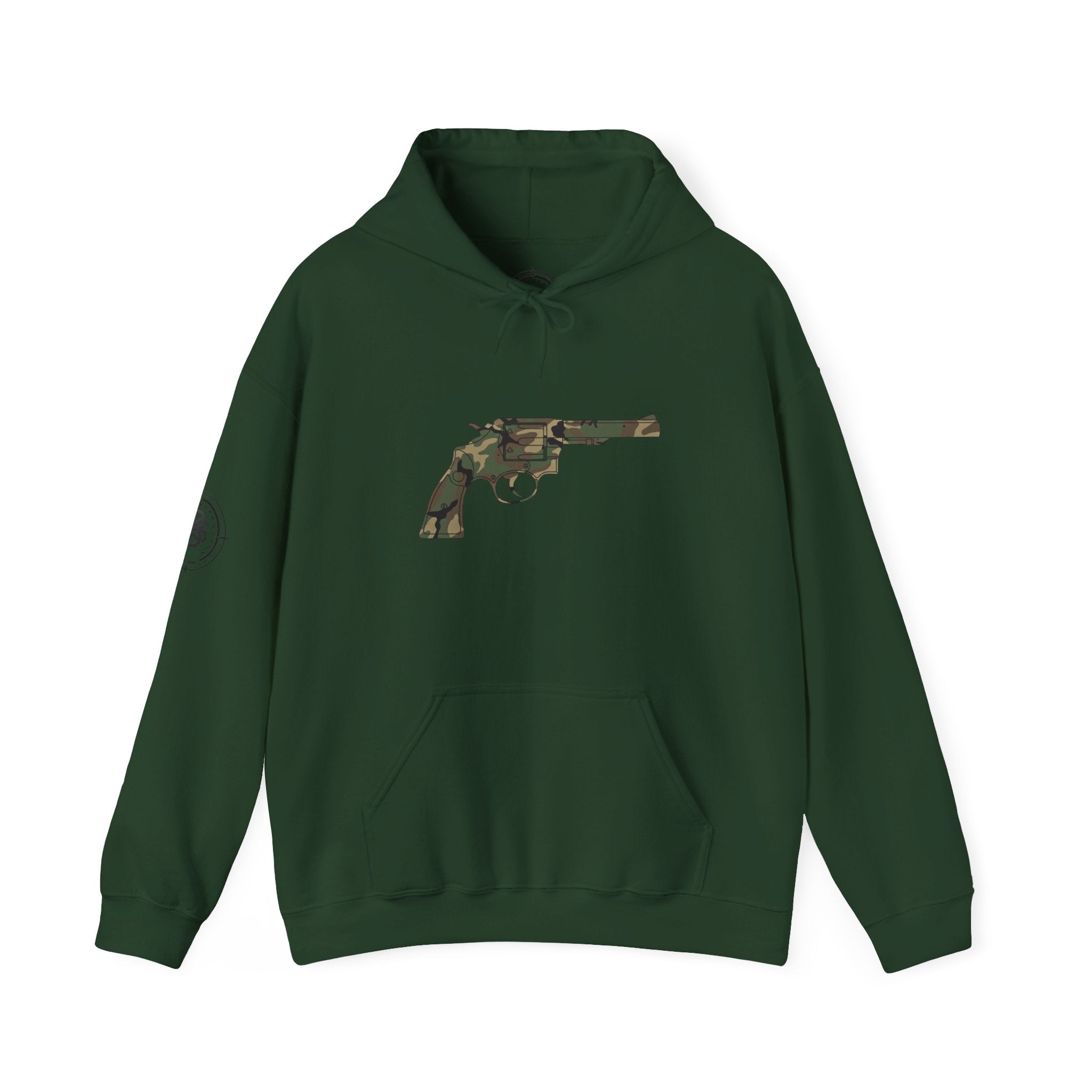 Revolver Graphic Hoodie - Vintage Camouflage Pistol Illustration