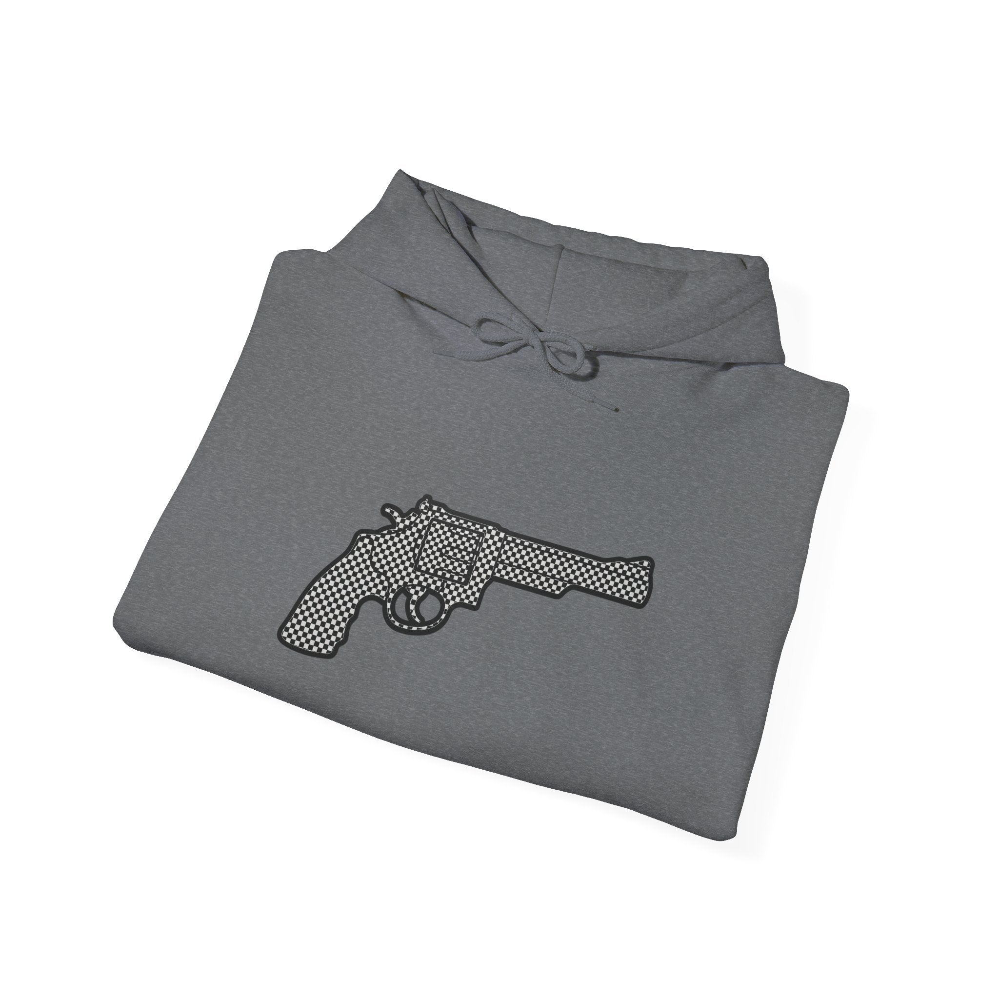 Checkered Revolver Hoodie — Retro Gun Graphic Pullover