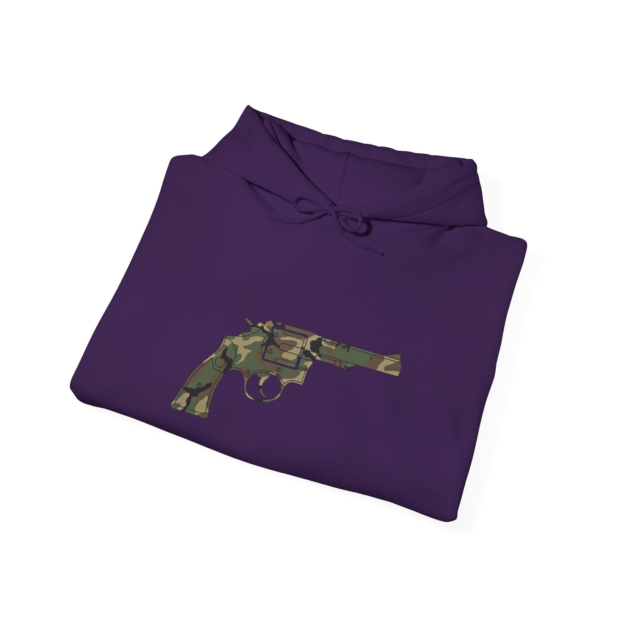 Revolver Graphic Hoodie - Vintage Camouflage Pistol Illustration