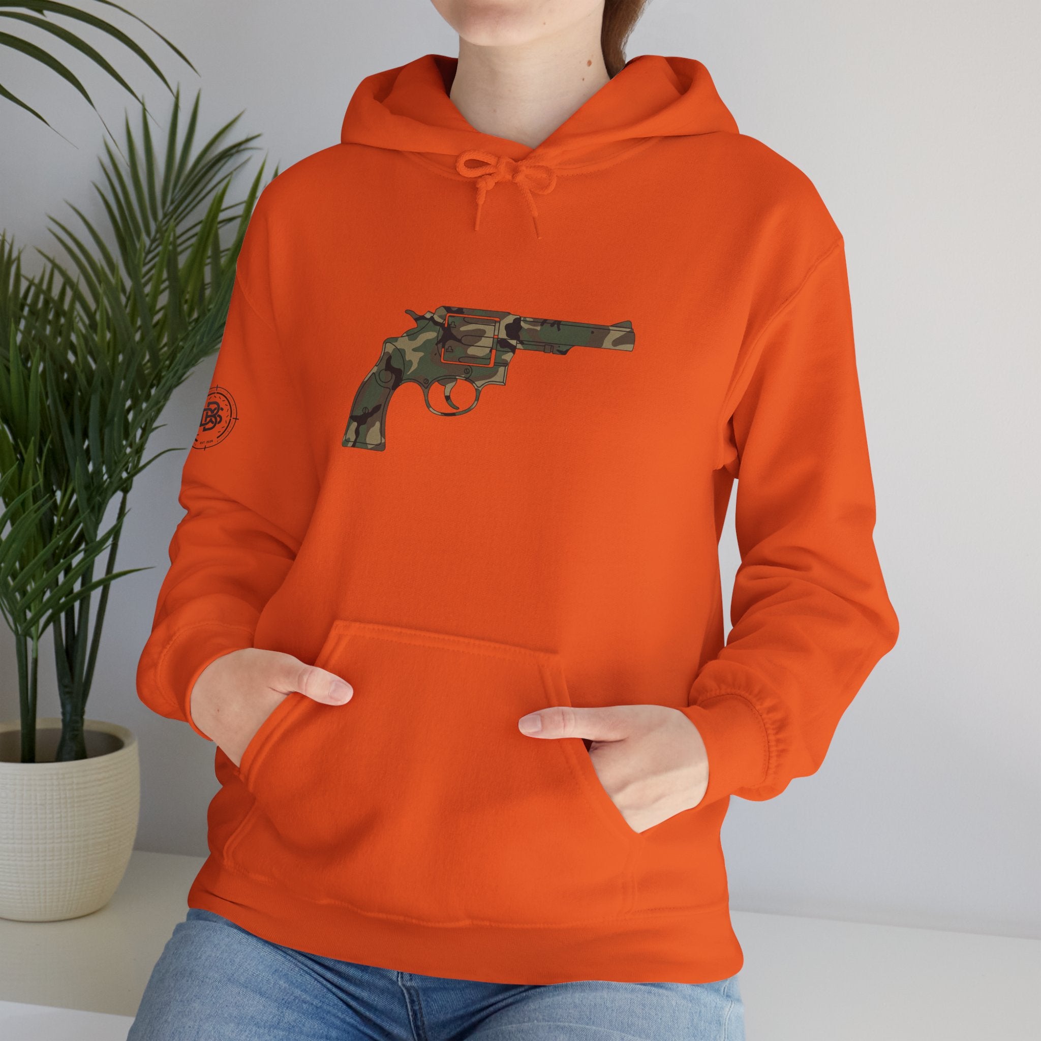 Revolver Graphic Hoodie - Vintage Camouflage Pistol Illustration
