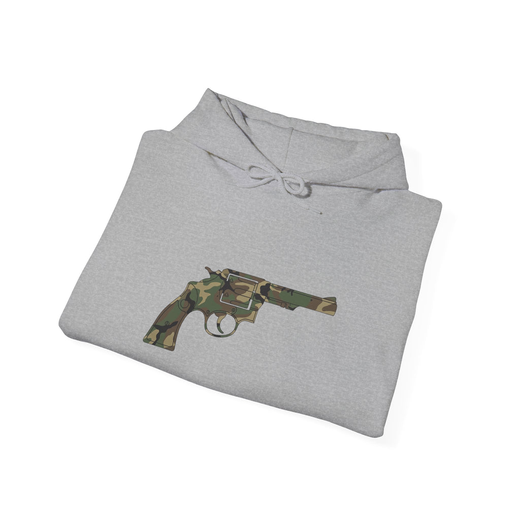 Revolver Graphic Hoodie - Vintage Camouflage Pistol Illustration