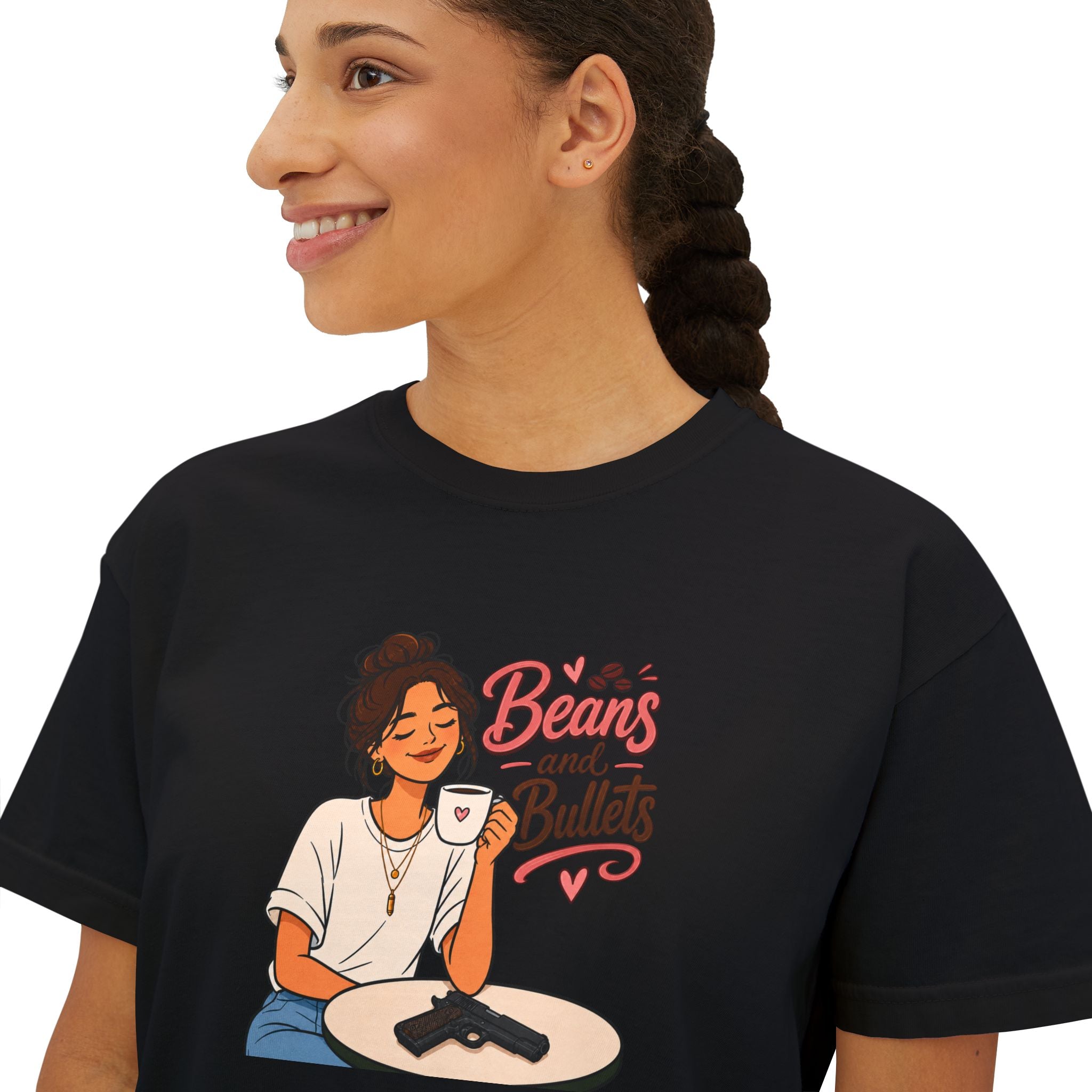 Beans and Bullets Women's Boxy Tee – Coffee Lover Graphic Crop Tee