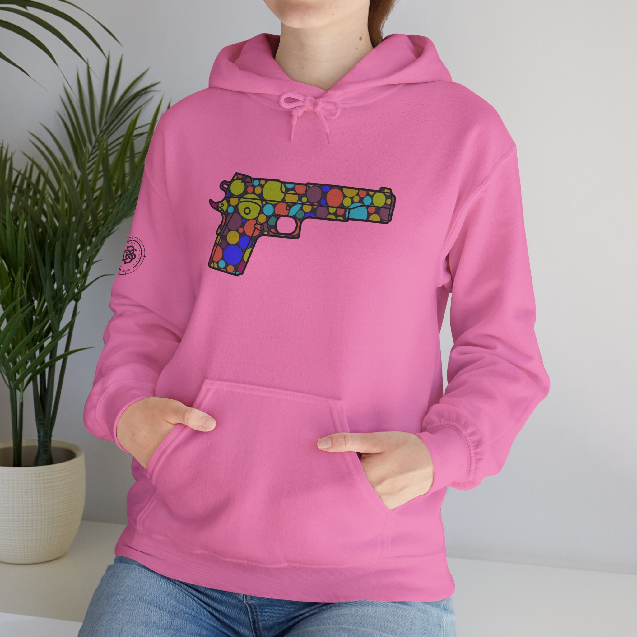 Dots Pistol Silhouette Hoodie — Colorful Mosaic Pistol Graphic Sweatshirt