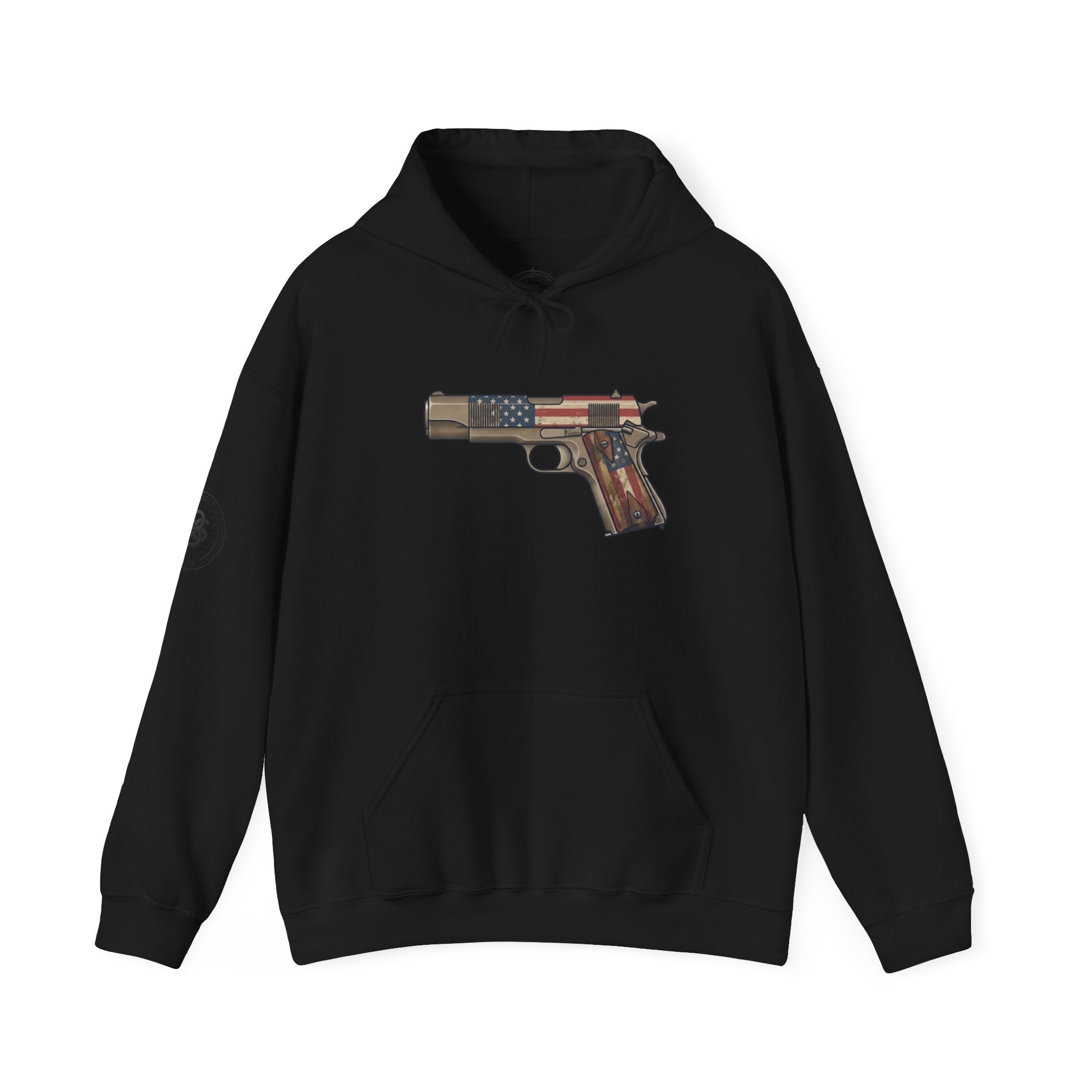 United States Flag Pistol Graphic Hoodie — Patriotic Firearm Graphic Sweatshirt