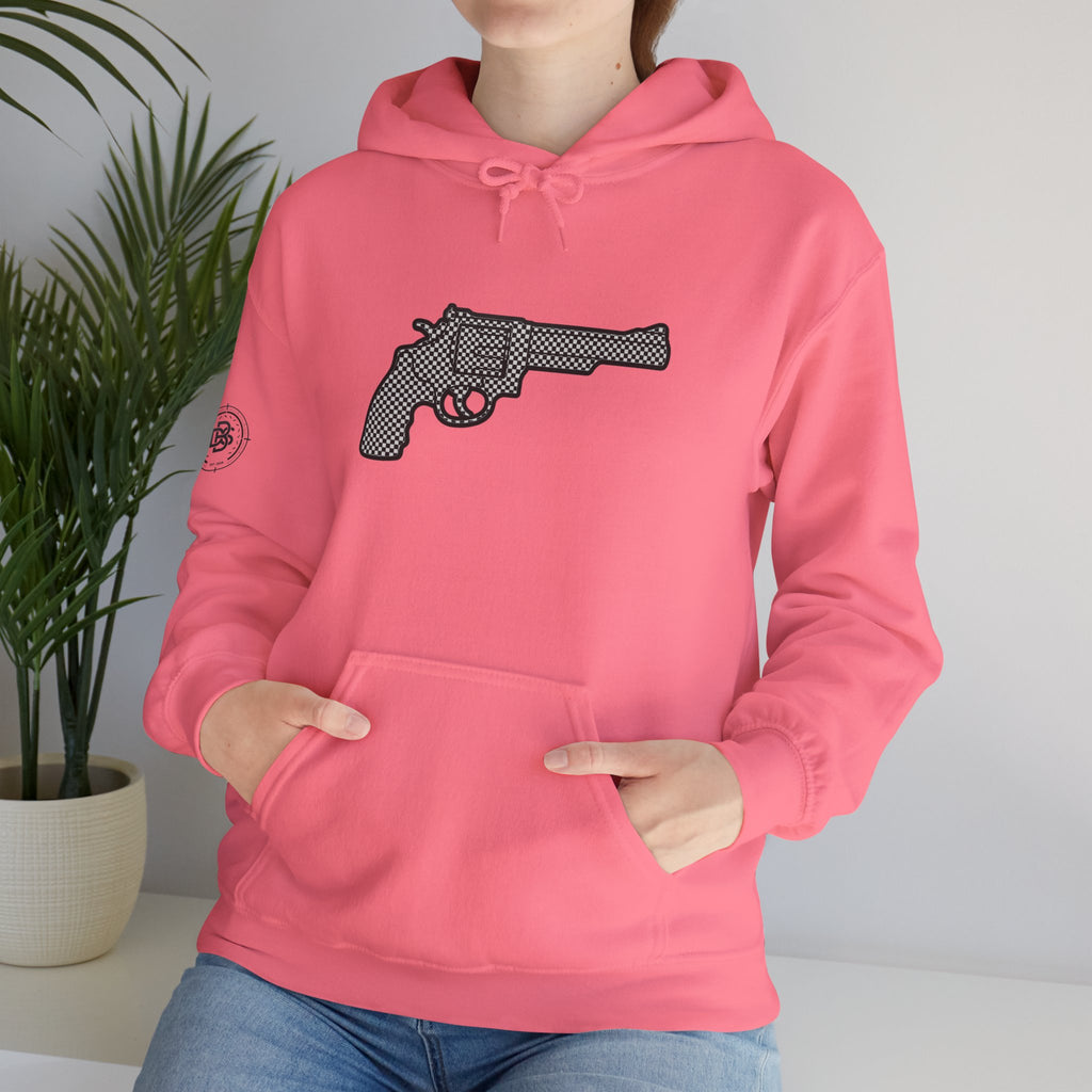Checkered Revolver Hoodie — Retro Gun Graphic Pullover