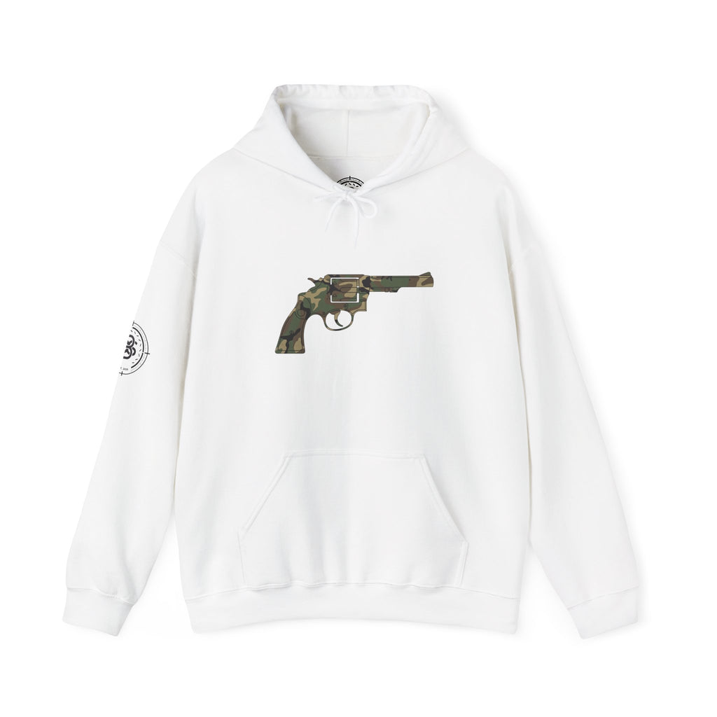 Revolver Graphic Hoodie - Vintage Camouflage Pistol Illustration