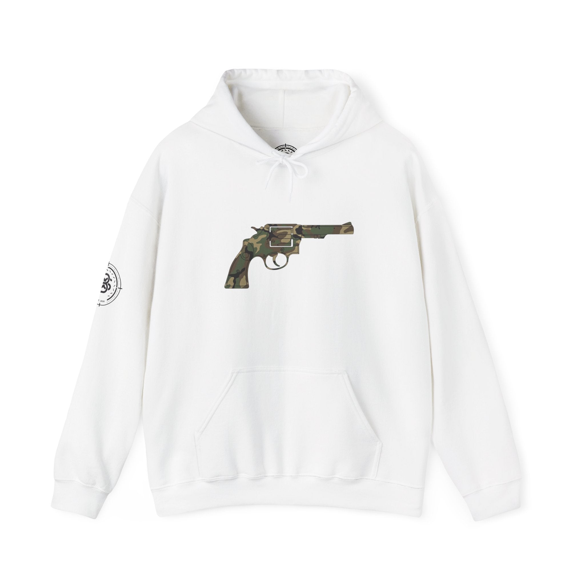 Revolver Graphic Hoodie - Vintage Camouflage Pistol Illustration
