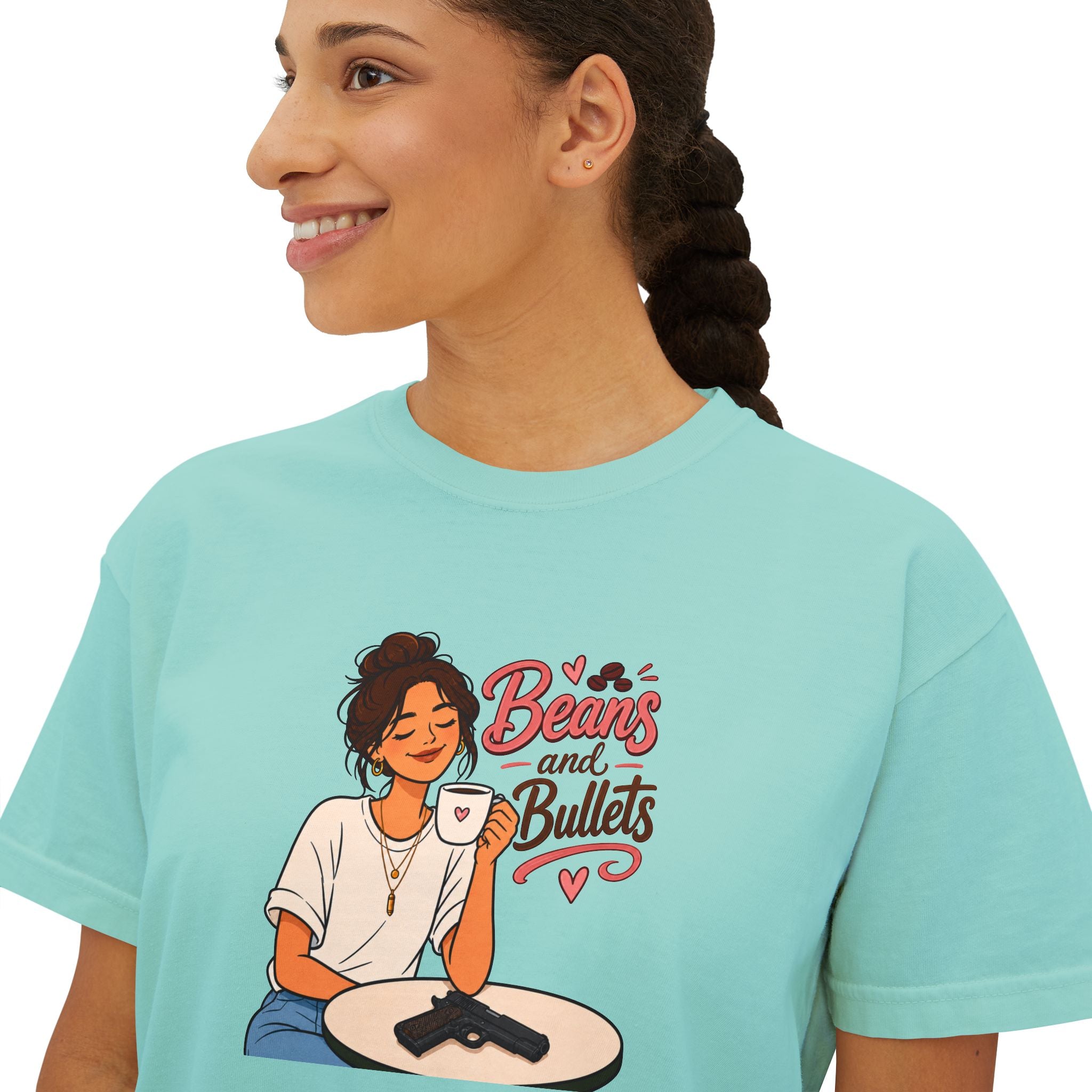 Beans and Bullets Women's Boxy Tee – Coffee Lover Graphic Crop Tee