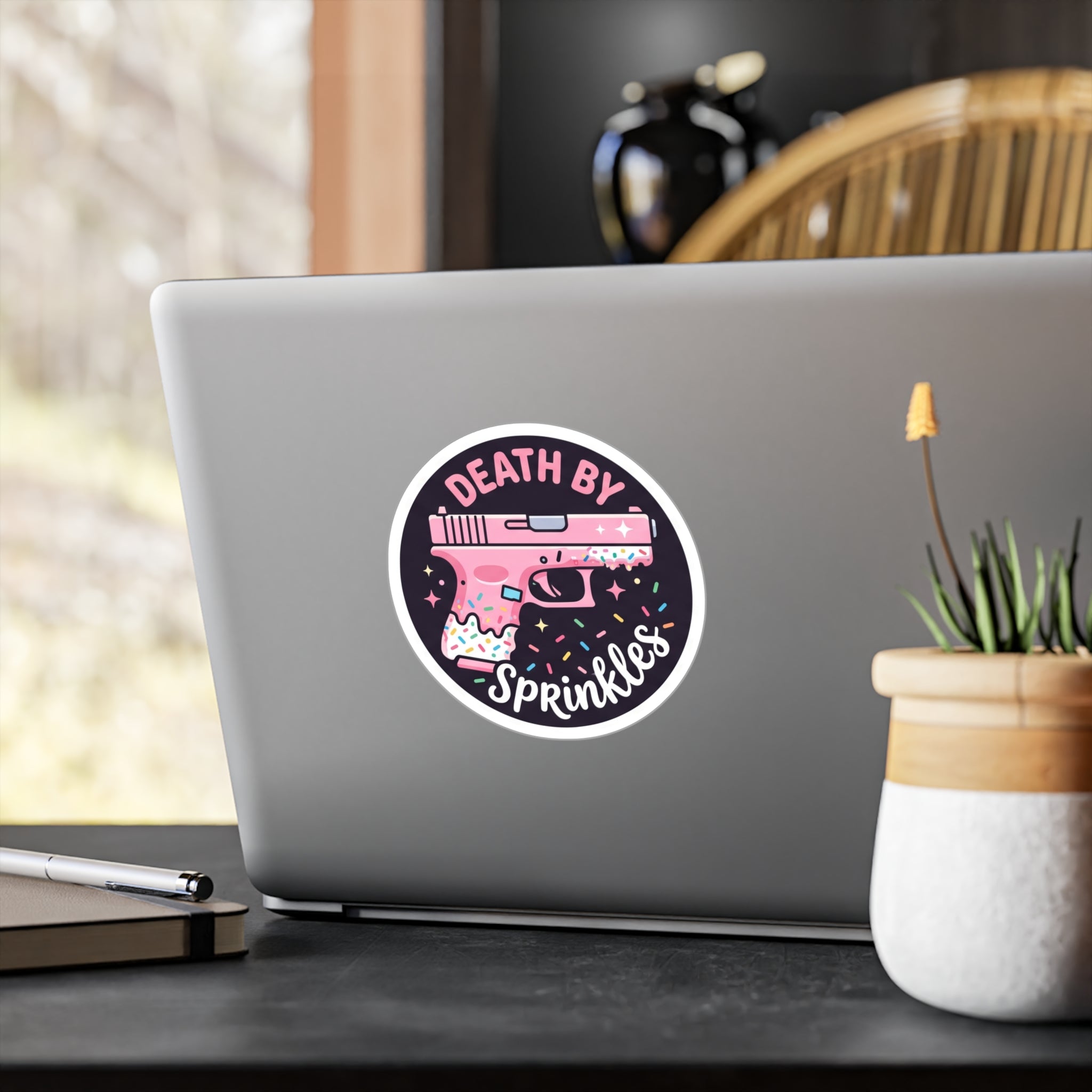 "Death by Sprinkles" Pink Gun Kiss-Cut Vinyl Decal Sticker