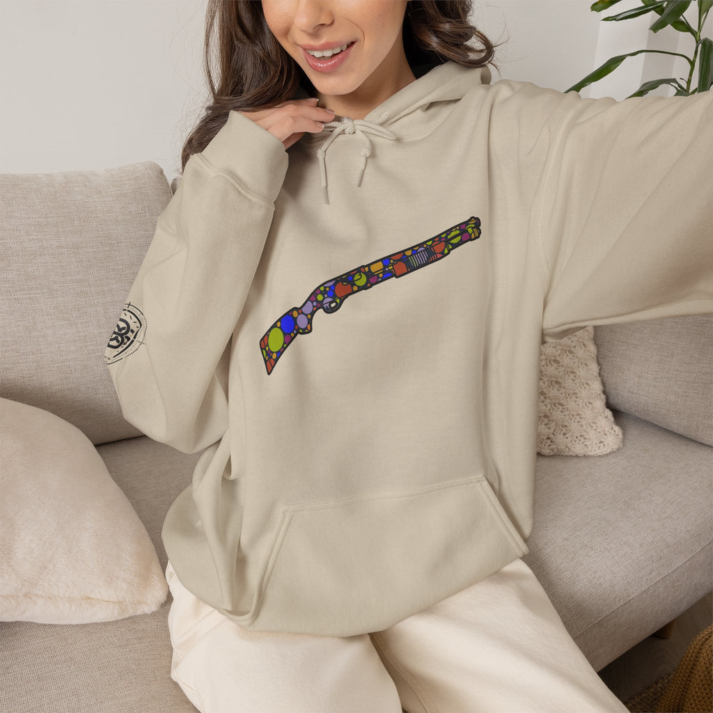 Shotgun Dot Silhouette Hoodie — Colorful Retro Hunting Sweatshirt