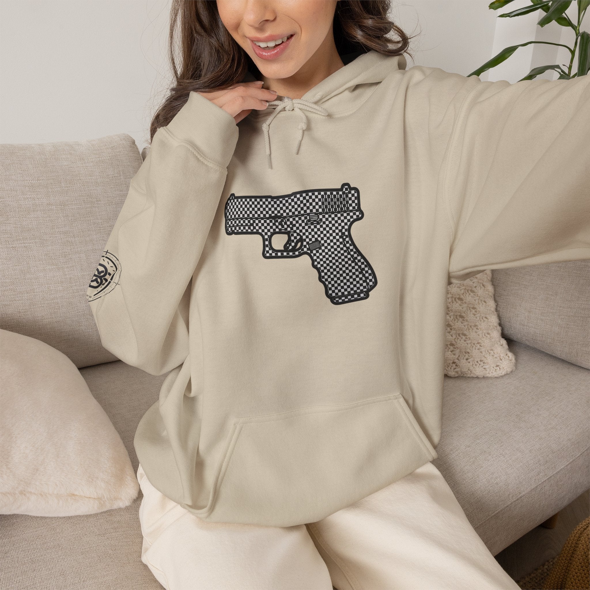 Checker Pistol Silhouette Hoodie - Graphic Pistol Pullover