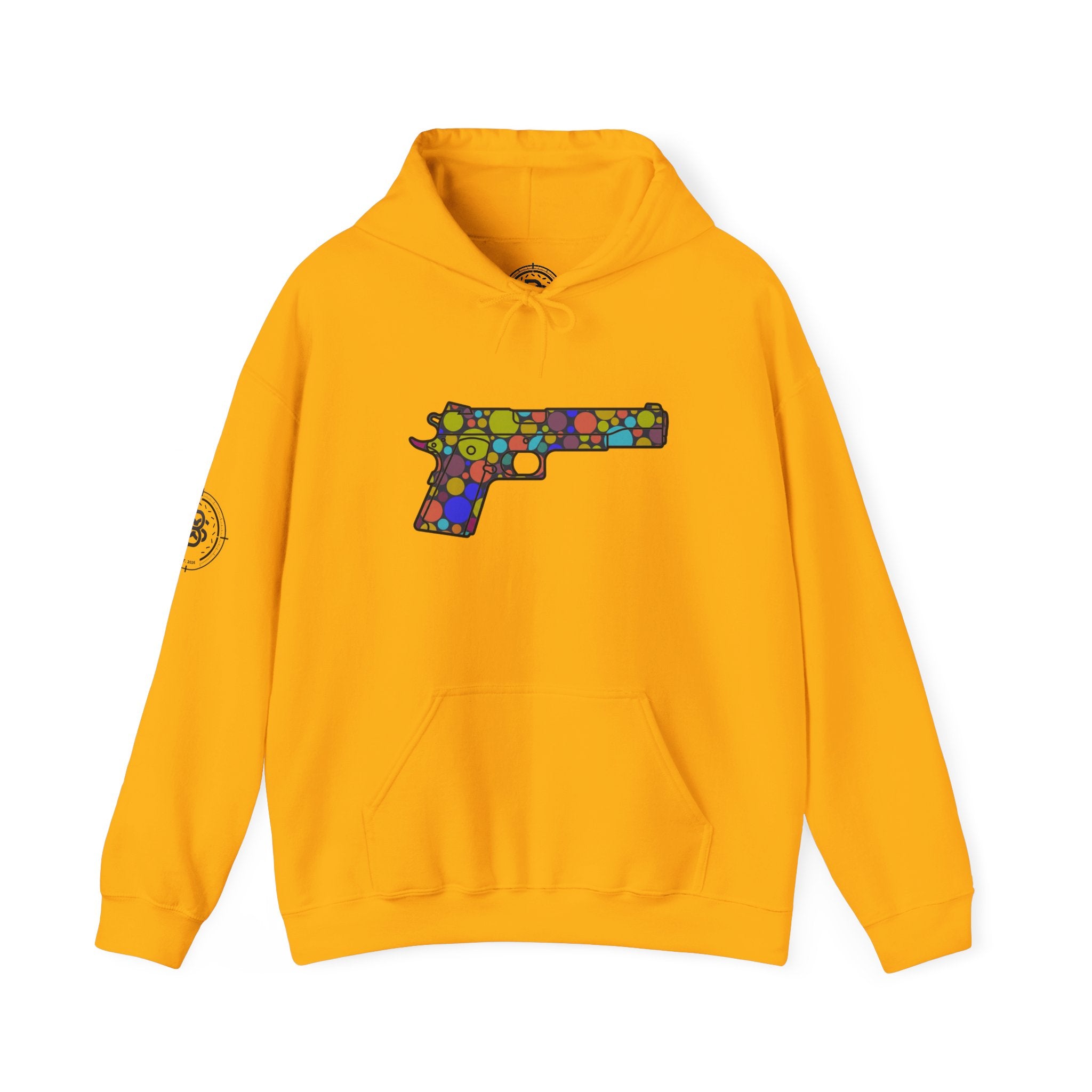 Dots Pistol Silhouette Hoodie — Colorful Mosaic Pistol Graphic Sweatshirt