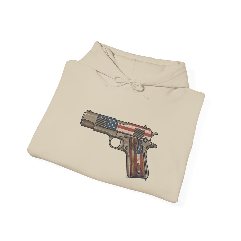 United States Flag Pistol Graphic Hoodie — Patriotic Firearm Graphic Sweatshirt
