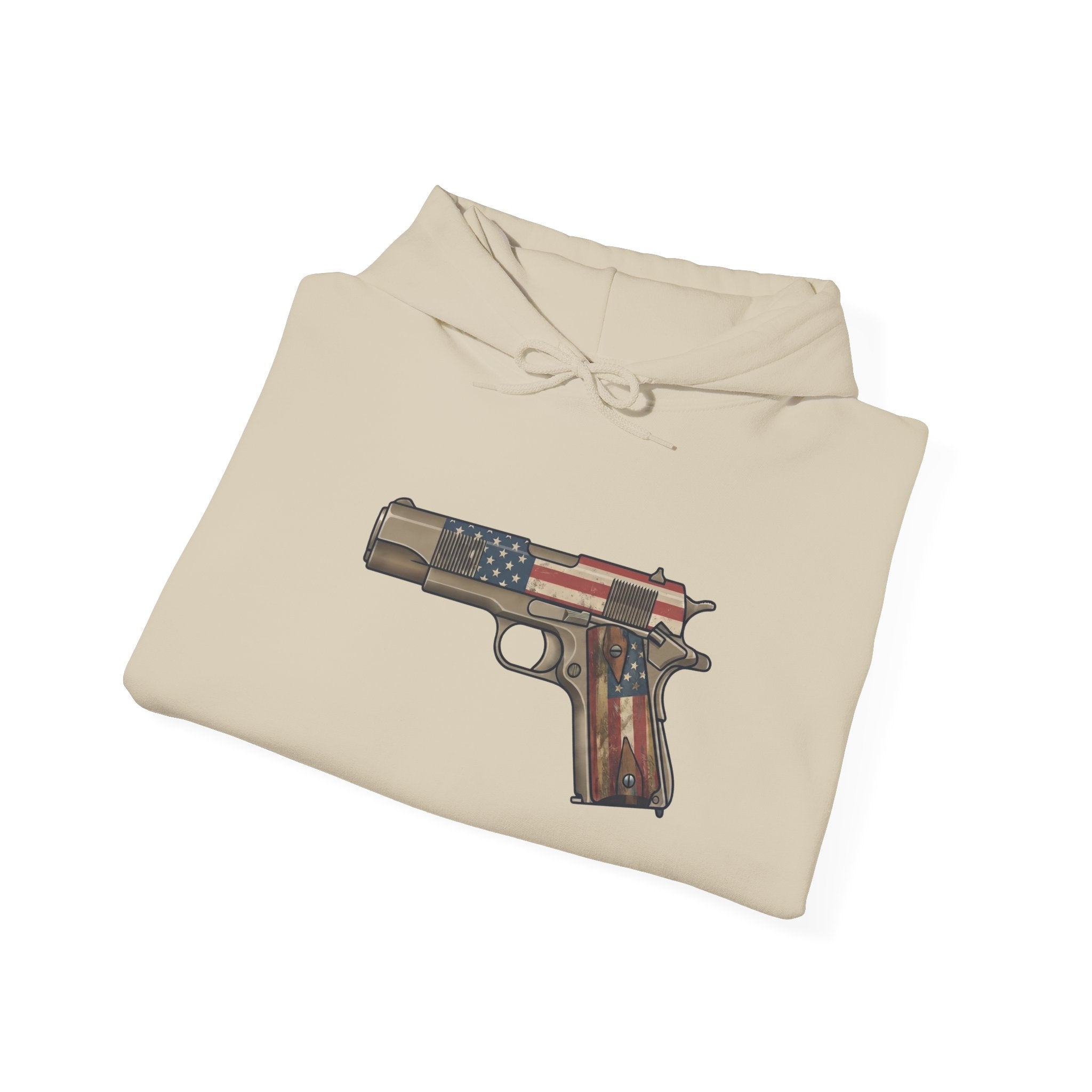 United States Flag Pistol Graphic Hoodie — Patriotic Firearm Graphic Sweatshirt