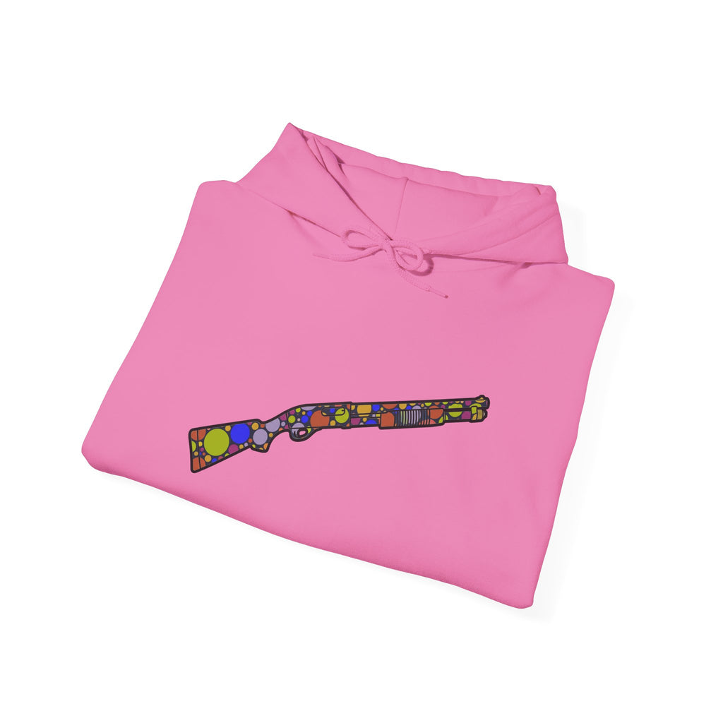 Shotgun Dot Silhouette Hoodie — Colorful Retro Hunting Sweatshirt